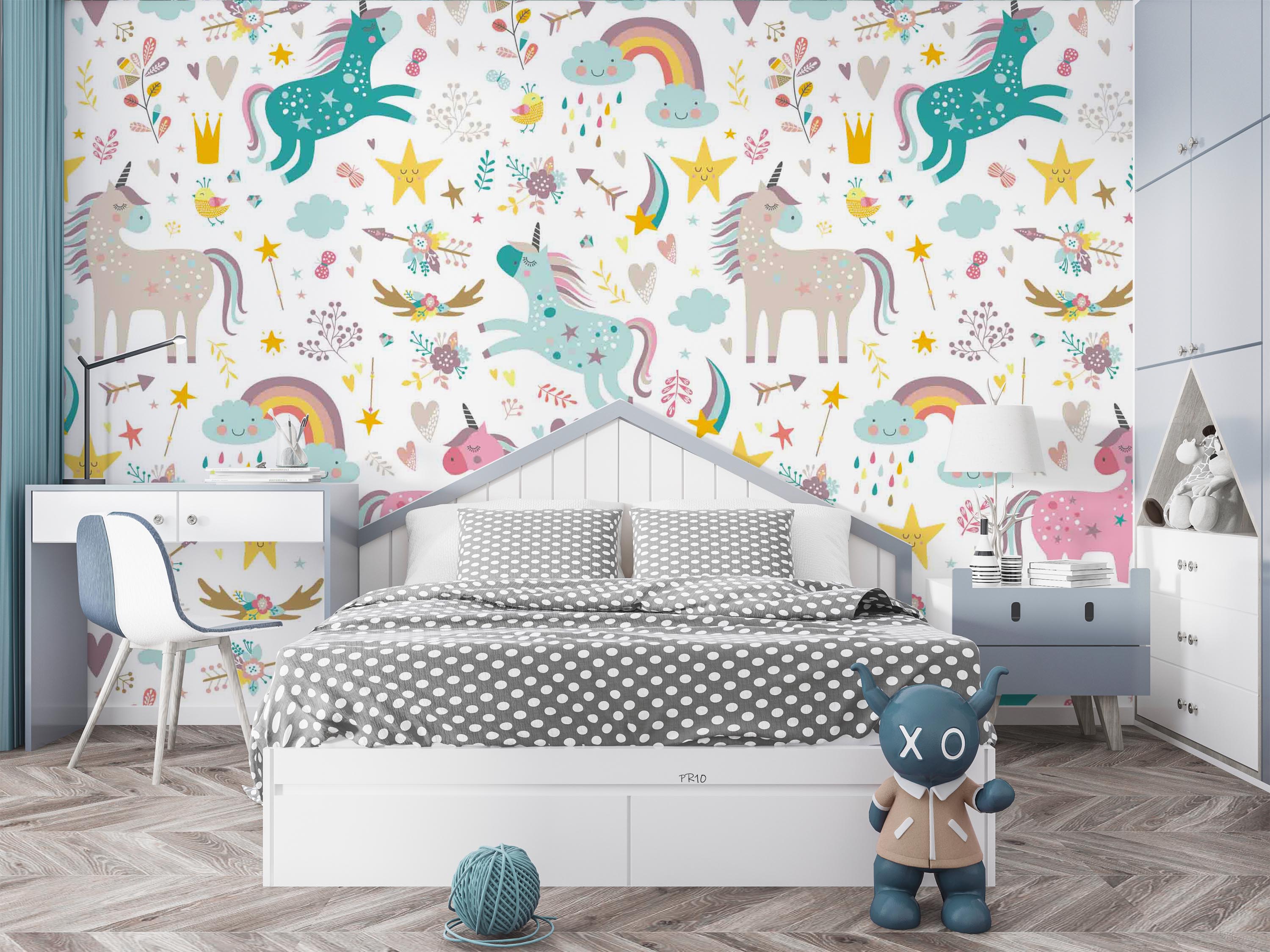 3D Cartoon Unicorn Cloud Rain Star Bird Wall Mural Wallpaper GD 4715- Jess Art Decoration