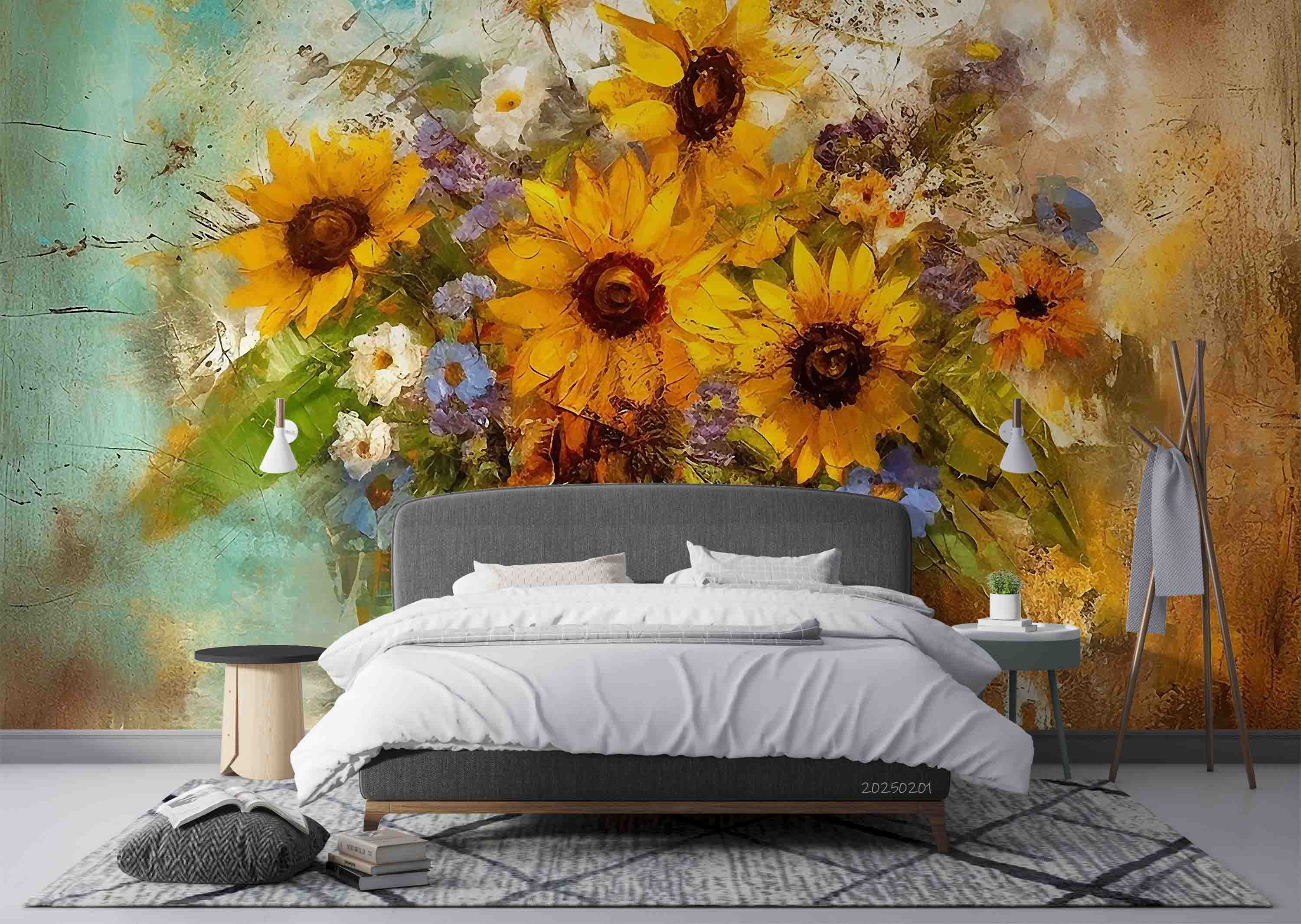 3D Yellow Sunflower Flower Oil Painting Wallpaper Wall Mural Wall Decor Wall Art Wall Sticker Remoable Wallpaper LQH 40