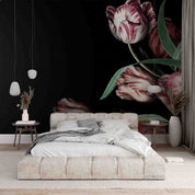 3D Red Tulip Leaves Dark Background Wallpaper Wall Mural Wall Decor Wall Art Wall Sticker Remoable Wallpaper