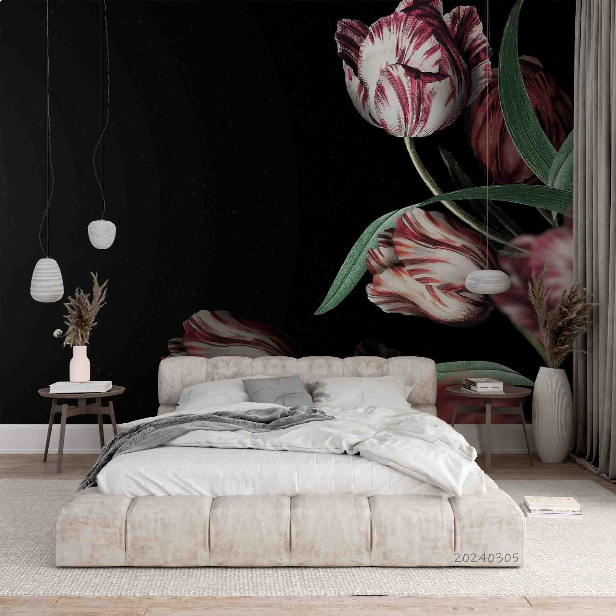 3D Red Tulip Leaves Dark Background Wallpaper Wall Mural Wall Decor Wall Art Wall Sticker Remoable Wallpaper
