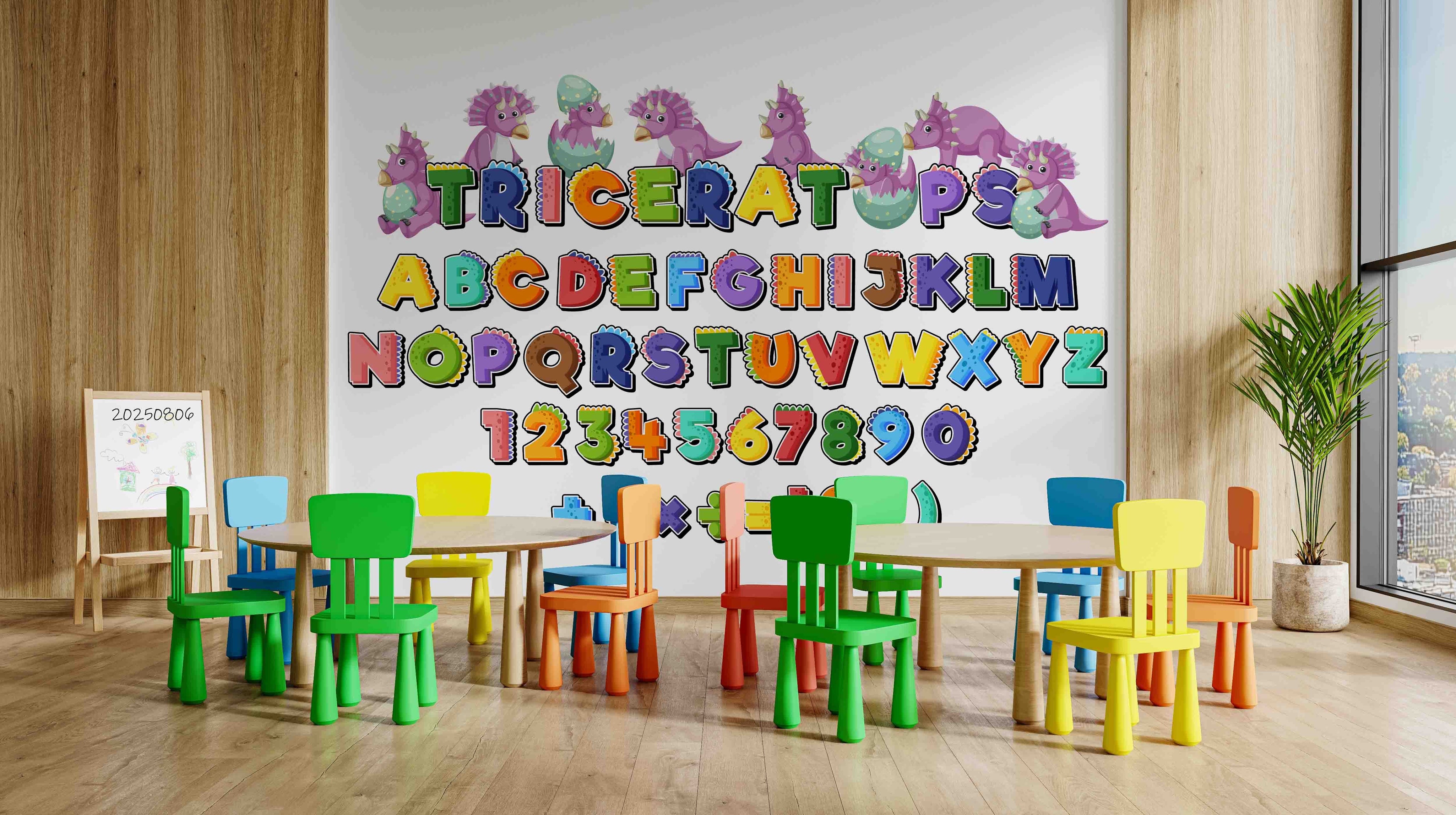 3D Childcare Nursery School Cartoon Letters Dinosaur Kids Wall Mural Wallpaper JN 17