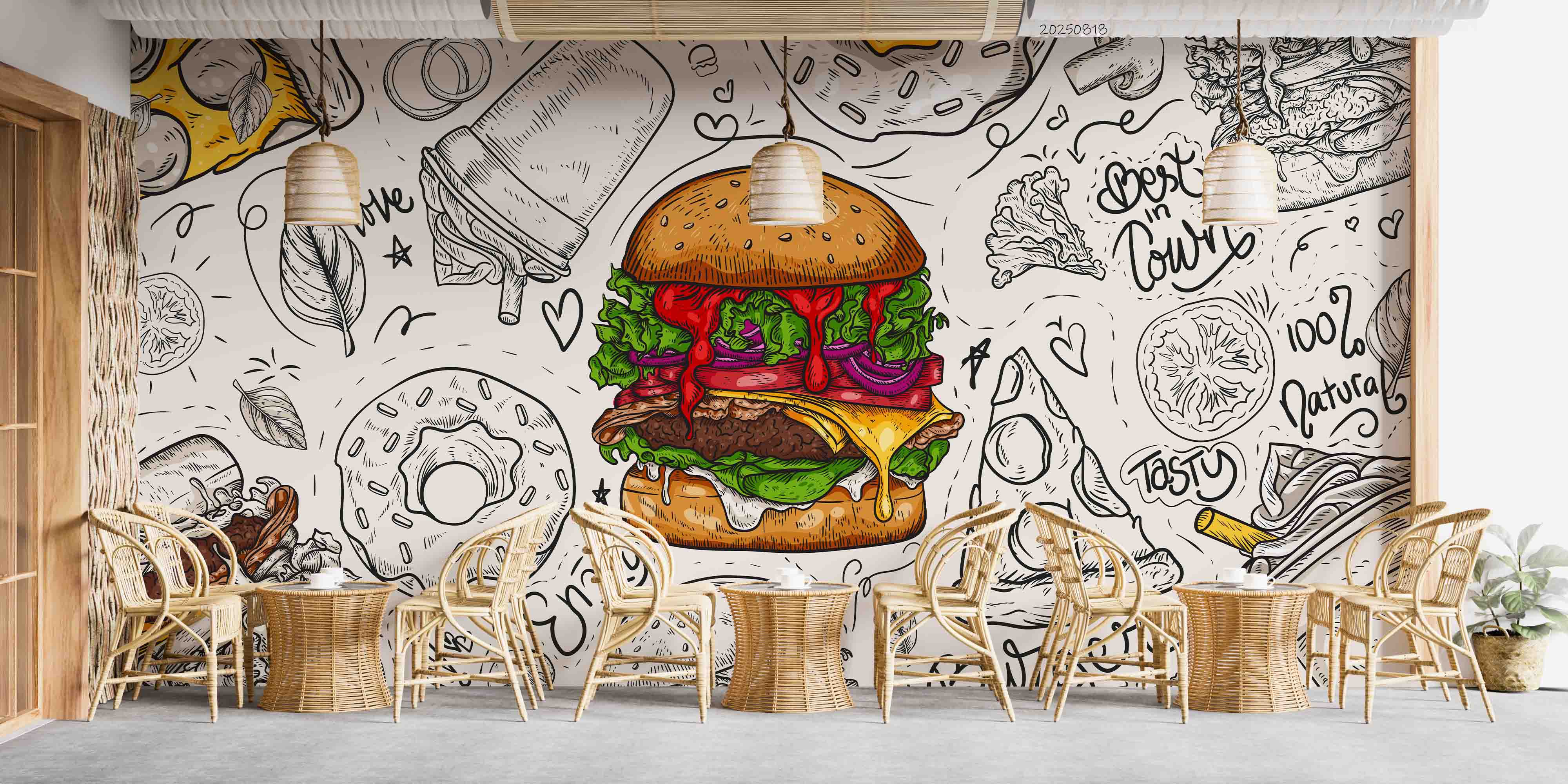 3D Restaurant Snack Bar Diner Fast Food Hamburger Pizza dessert Wall Mural Wallpaper 10