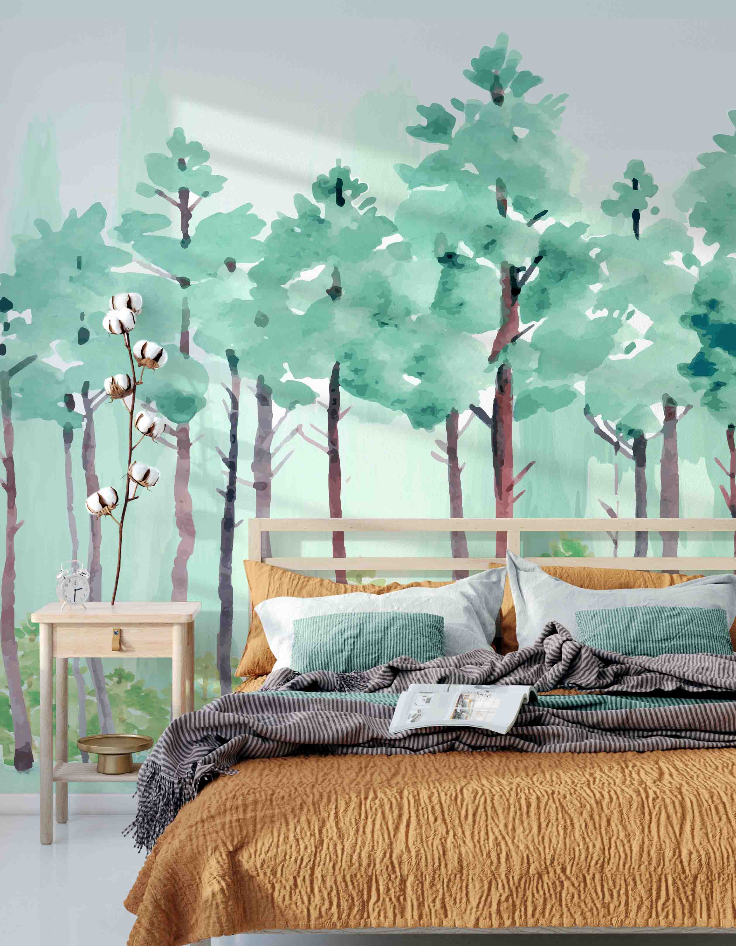 3D Green Watercolor Forest Wall Mural Wallpaper 360