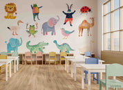 3D Childcare Nursery School Cartoon Animals Kids Wall Mural Wallpaper JN