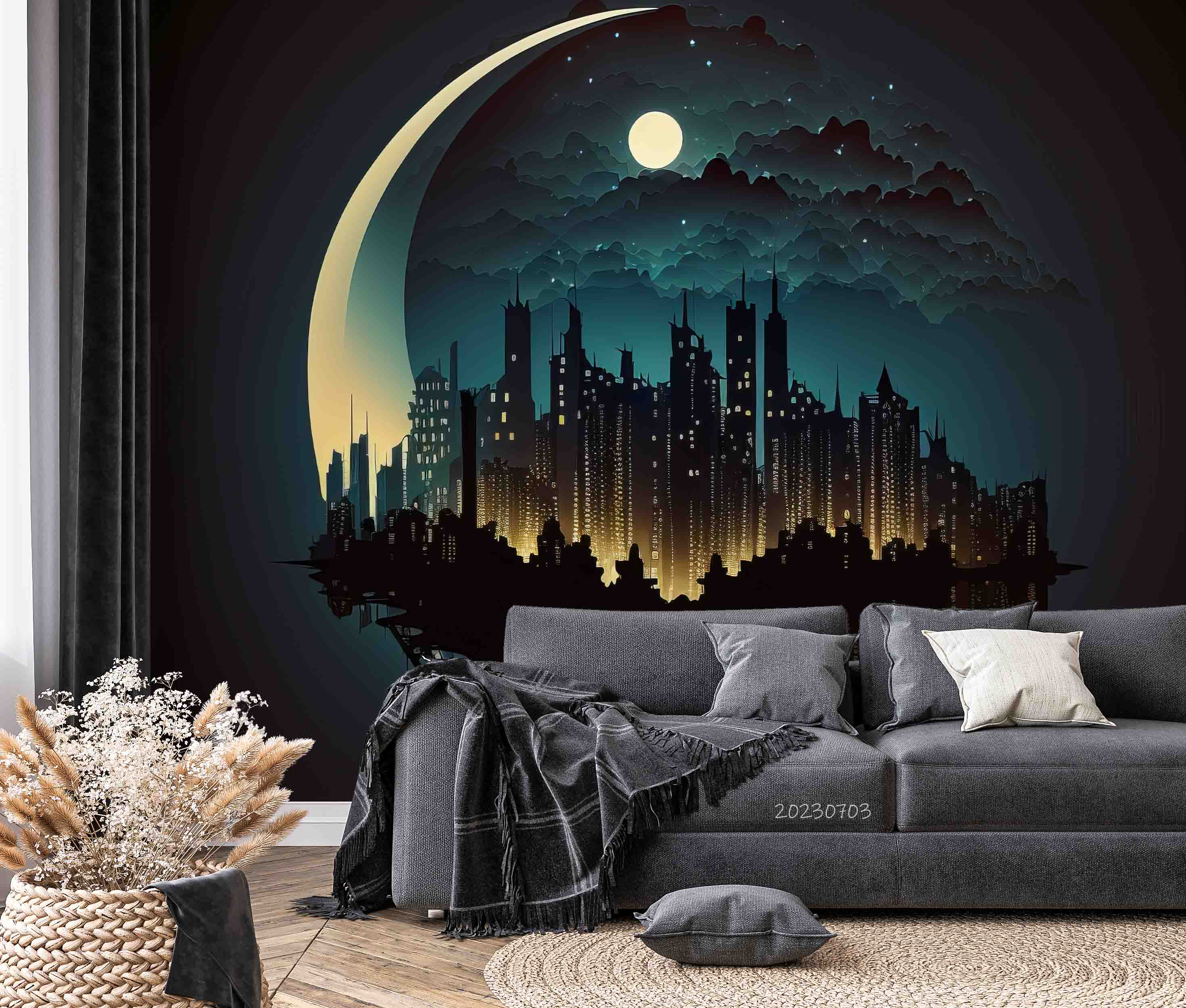3D Urban Architecture Moon Star River Wall Mural Wallpaper YXL 1859
