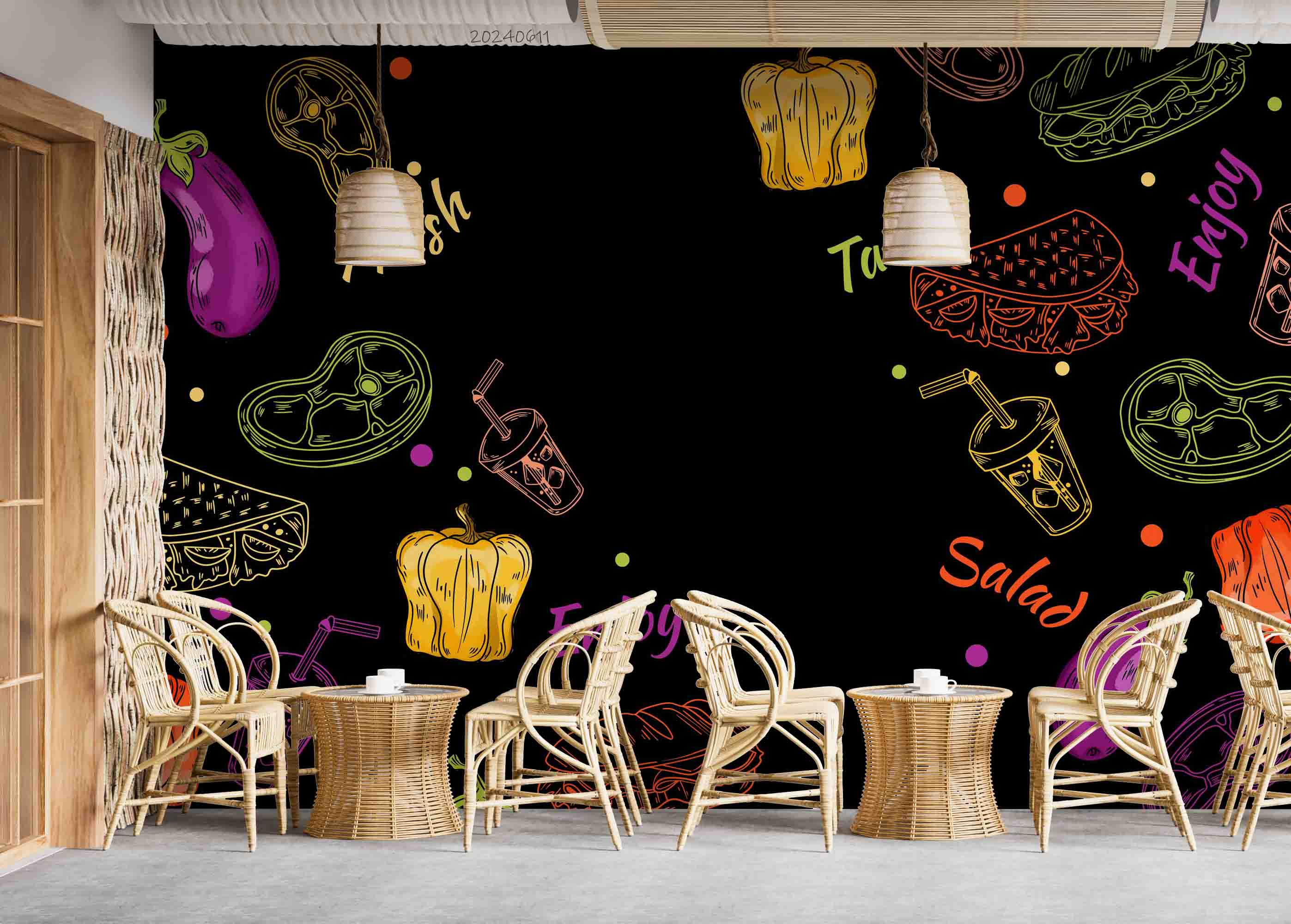 3D Hamburger Pizza Chips Black Green Pepper Wall Mural Wallpaper YXL 302