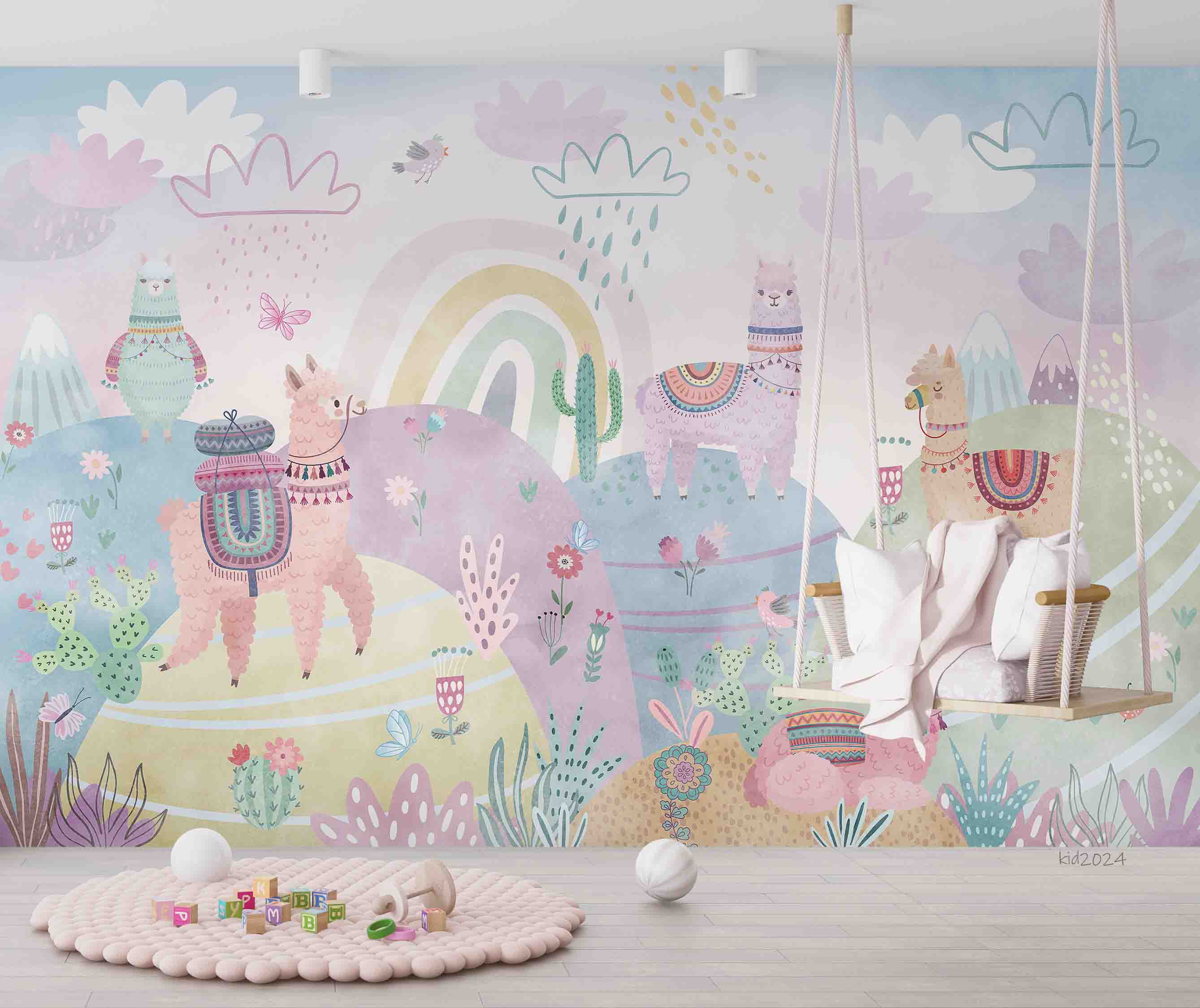 3D Flower Alpaca Mountain Rain Cloud Cactus Wall Mural Wallpaper YXL 407