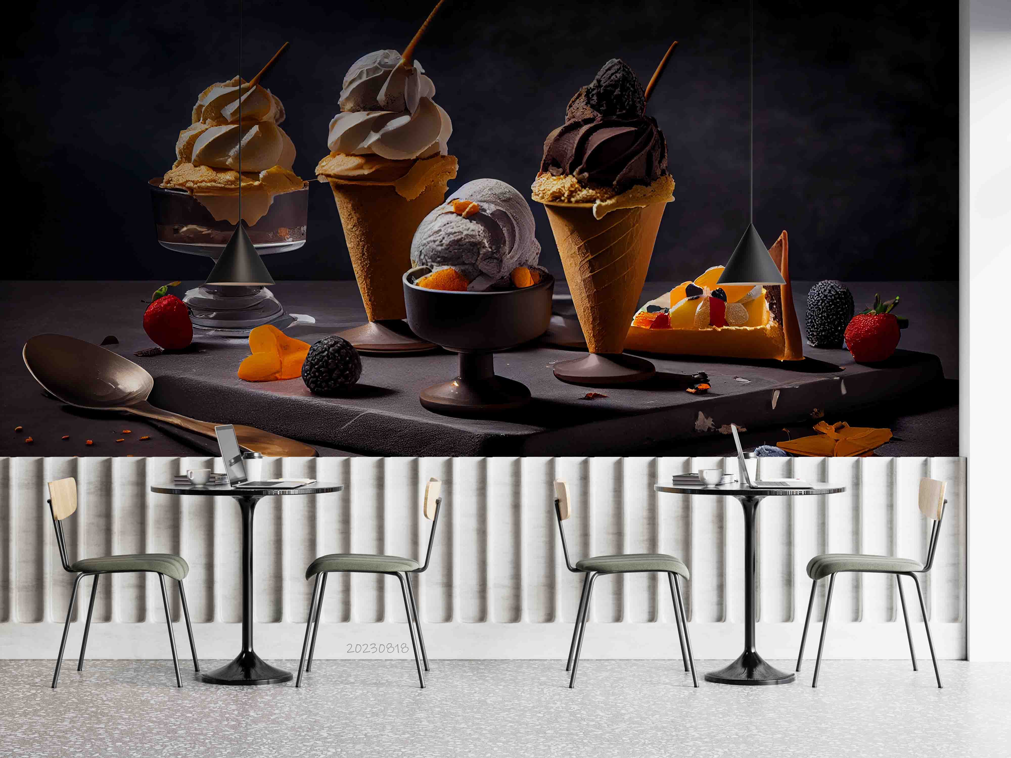 3D Ice Cream Black Cup Spoon Wall Mural Wallpaper YXL 2293