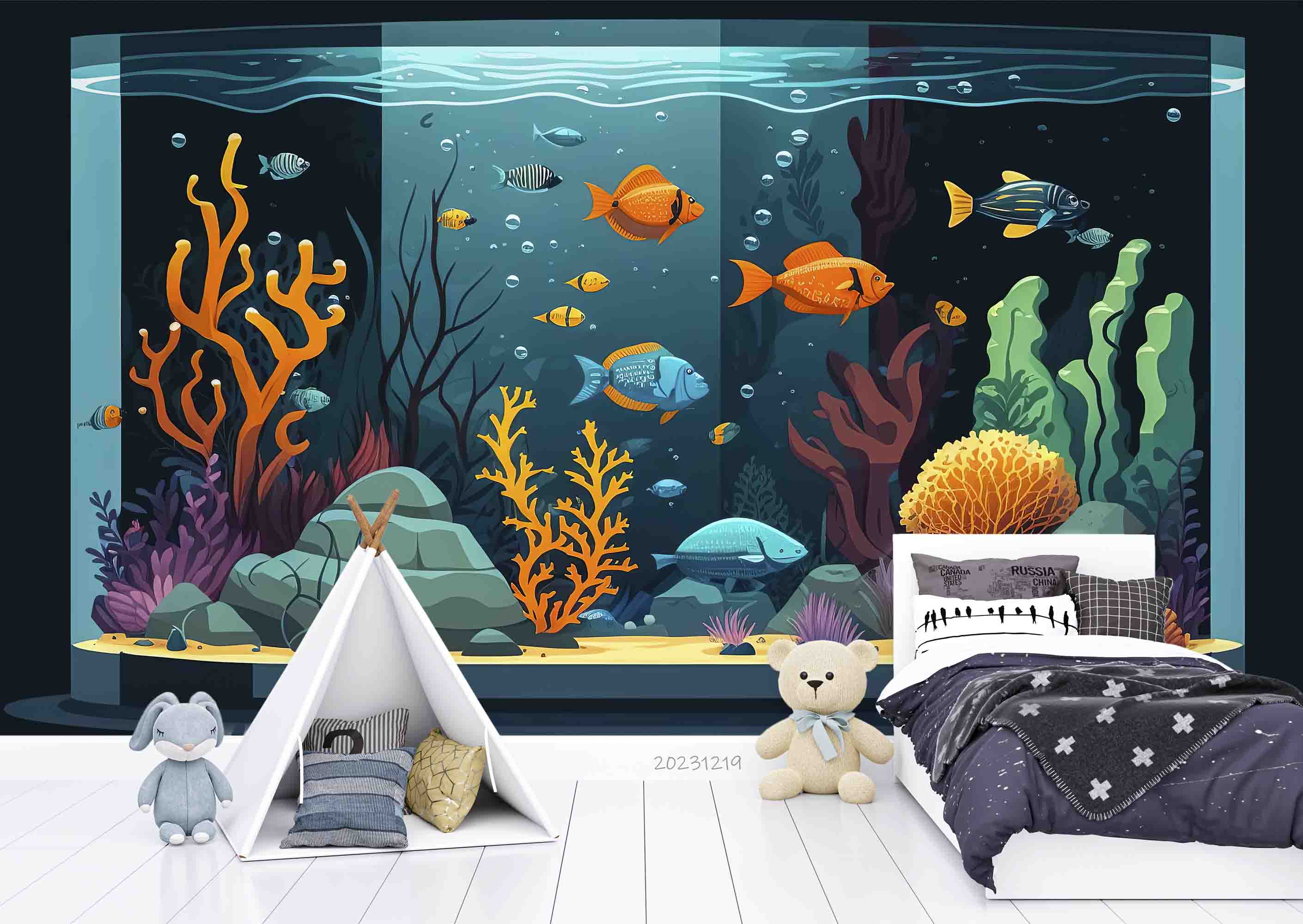 3D Animal Fish Tank Fish Coral Bubble Stone Wall Mural Wallpaper YXL 17