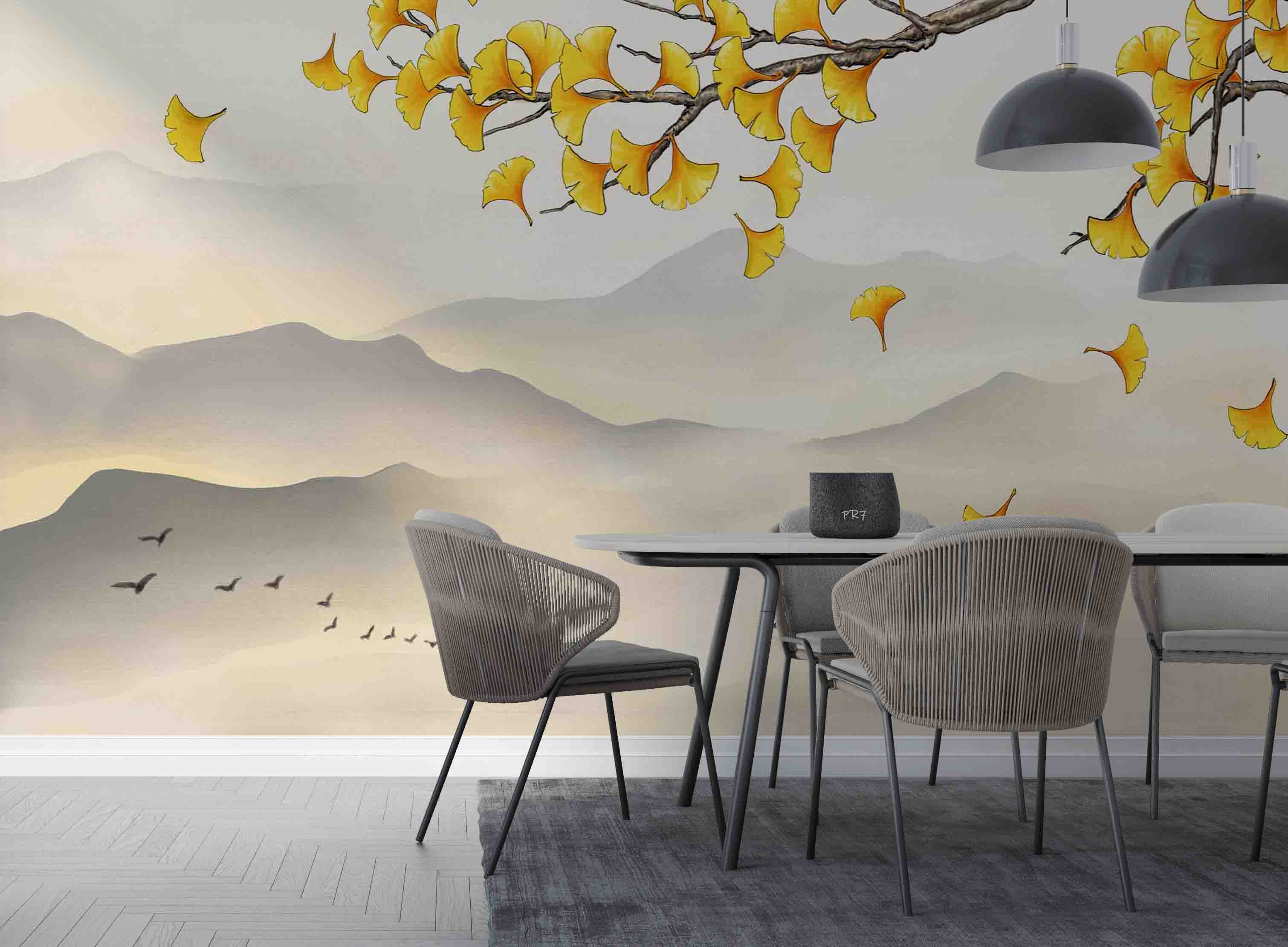 3D Autumn Mountain Branch Yellow Ginkgo Leaf Wall Mural Wallpaper GD 4434- Jess Art Decoration