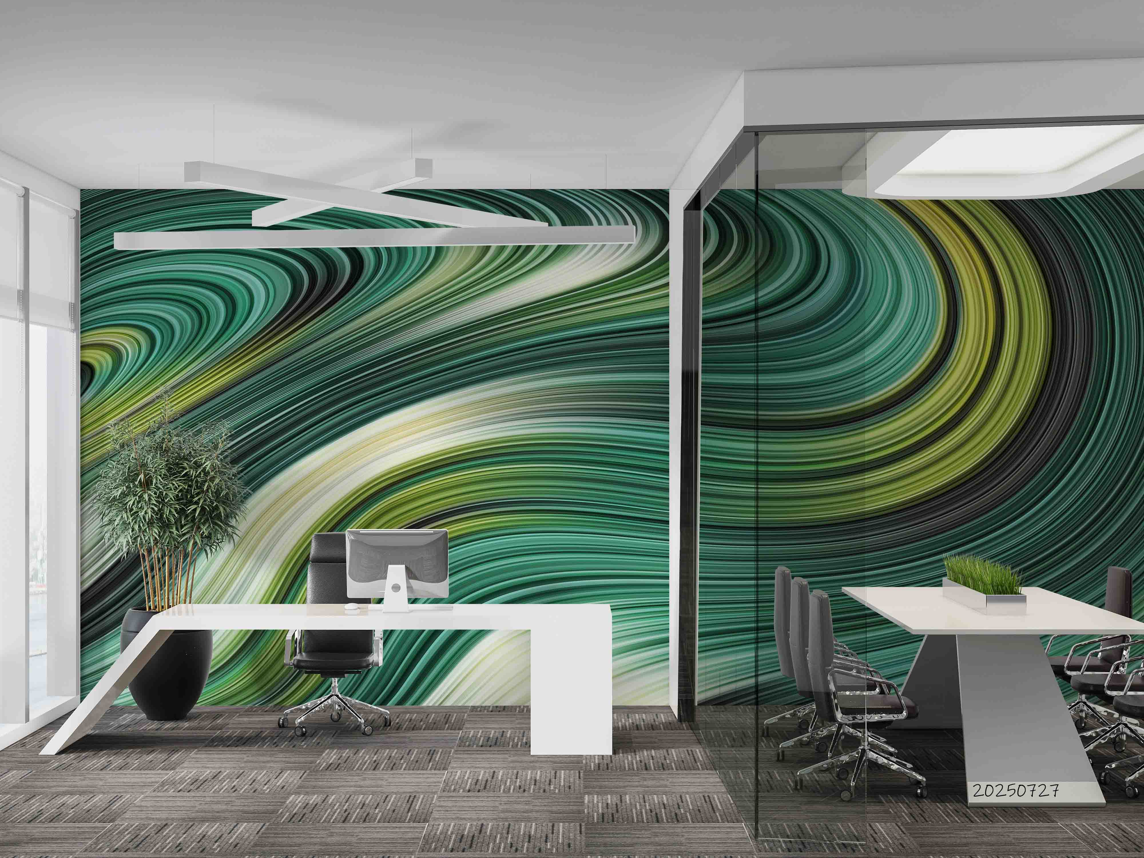 3D Office Business Commerce Green Lines Geometric Wall Mural Wallpaper 38