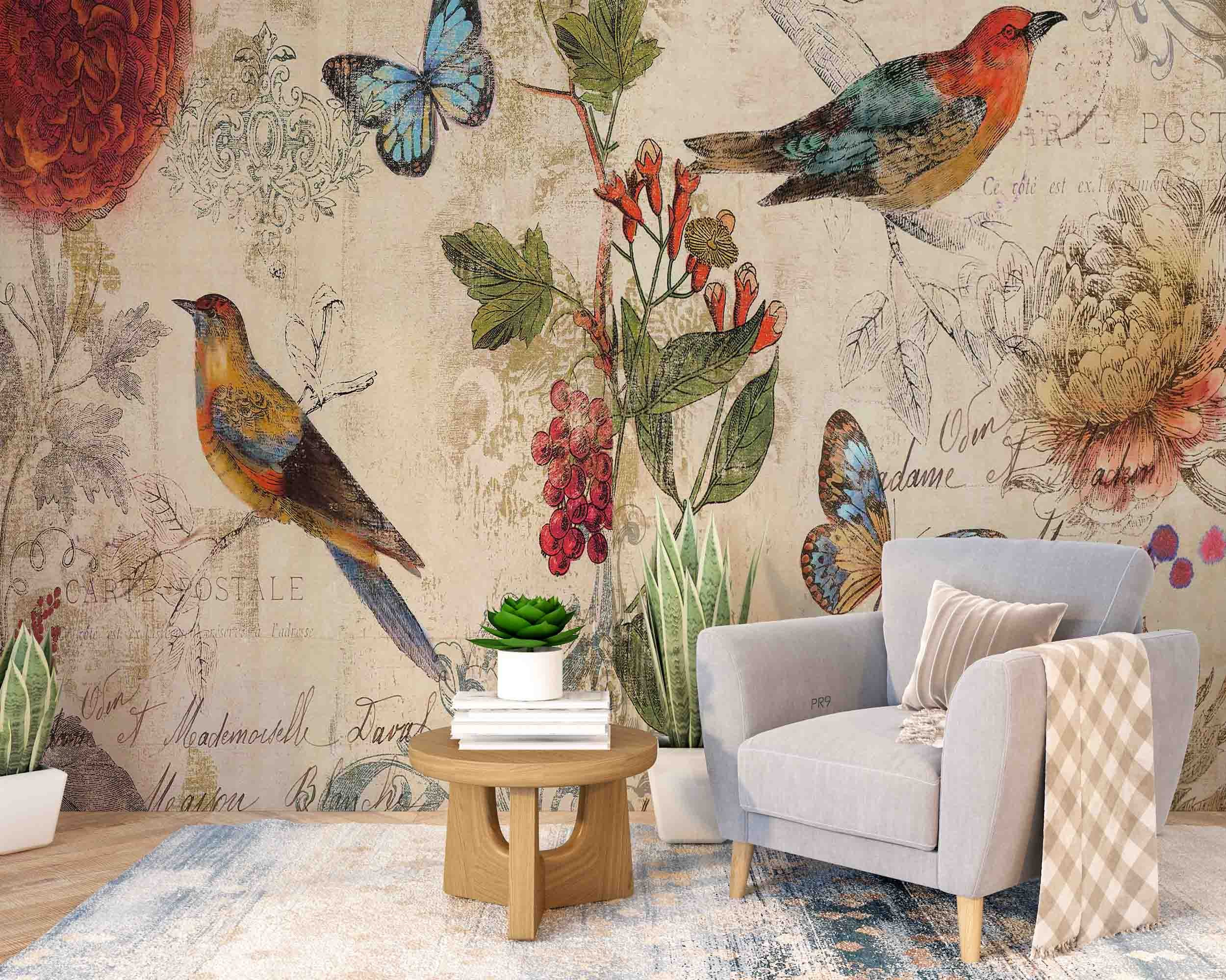 3D Vintage Plant Floral Bird Butterfly Wall Mural Wallpaper GD 4625- Jess Art Decoration