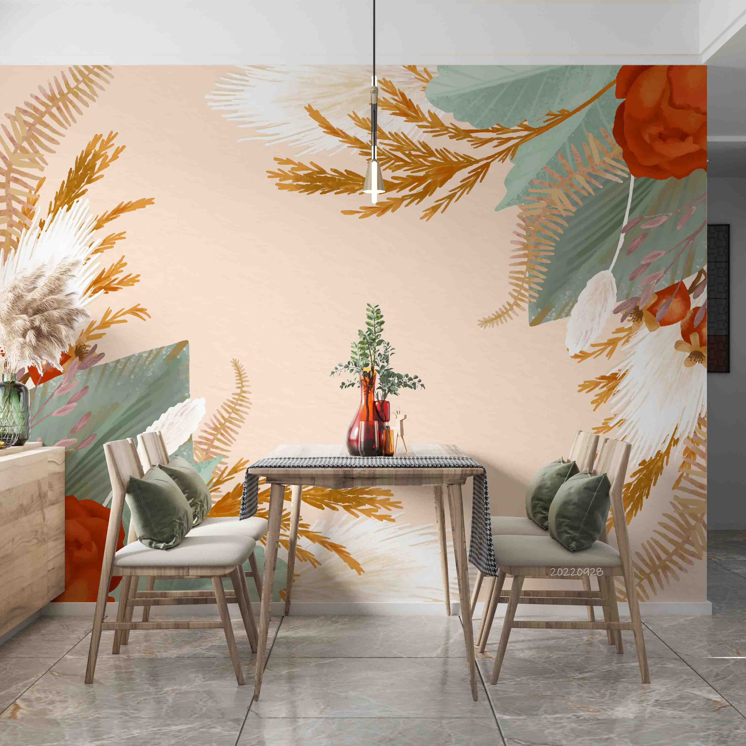 3D Watercolor Boho Background Floral Leaves Wall Mural Wallpaper GD 3311- Jess Art Decoration