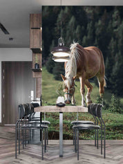 3D Brown Horse White Mane Grazing Mountain Pine Background Wall Mural Wallpaper GD 5359- Jess Art Decoration