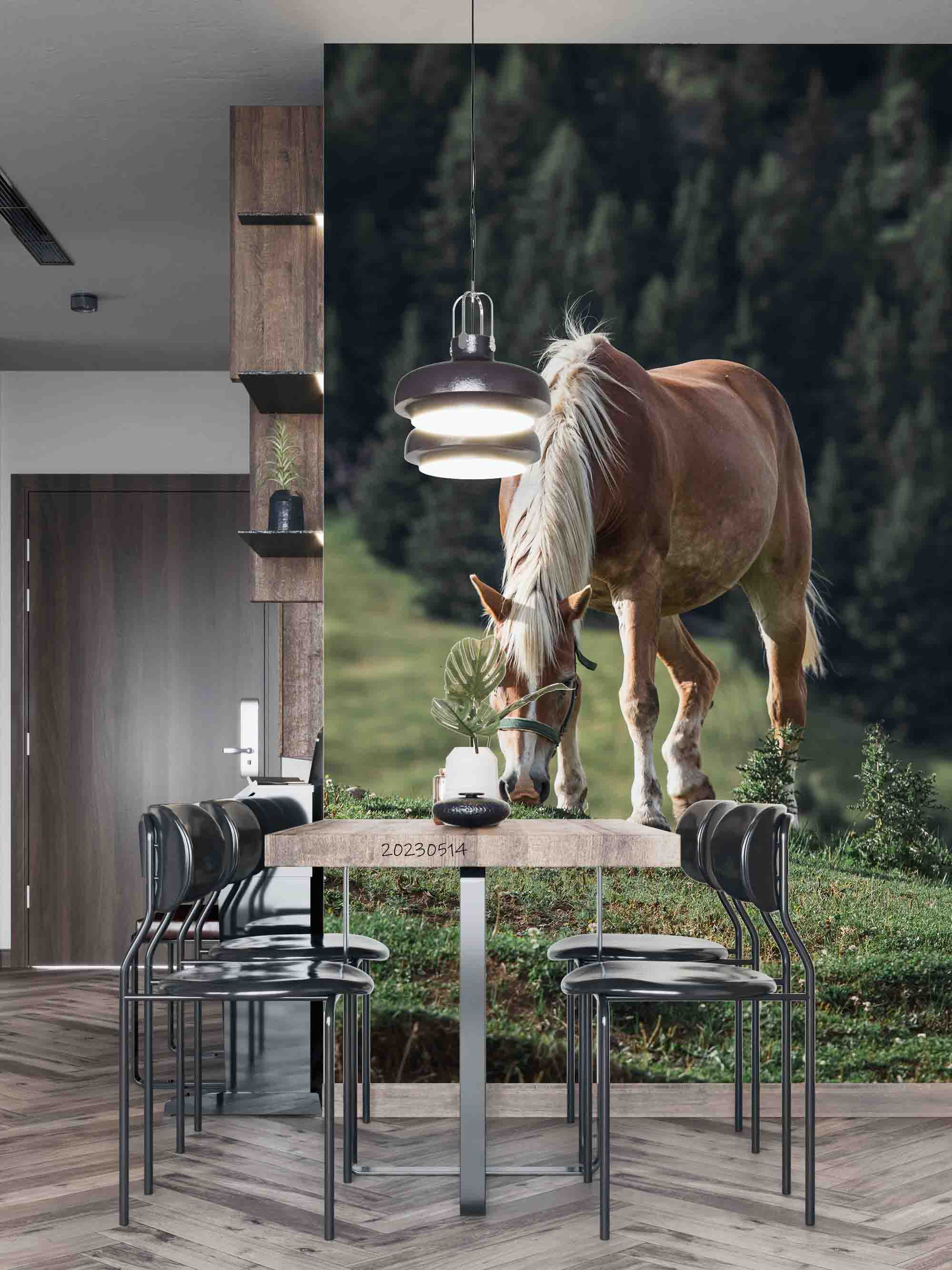 3D Brown Horse White Mane Grazing Mountain Pine Background Wall Mural Wallpaper GD 5359- Jess Art Decoration