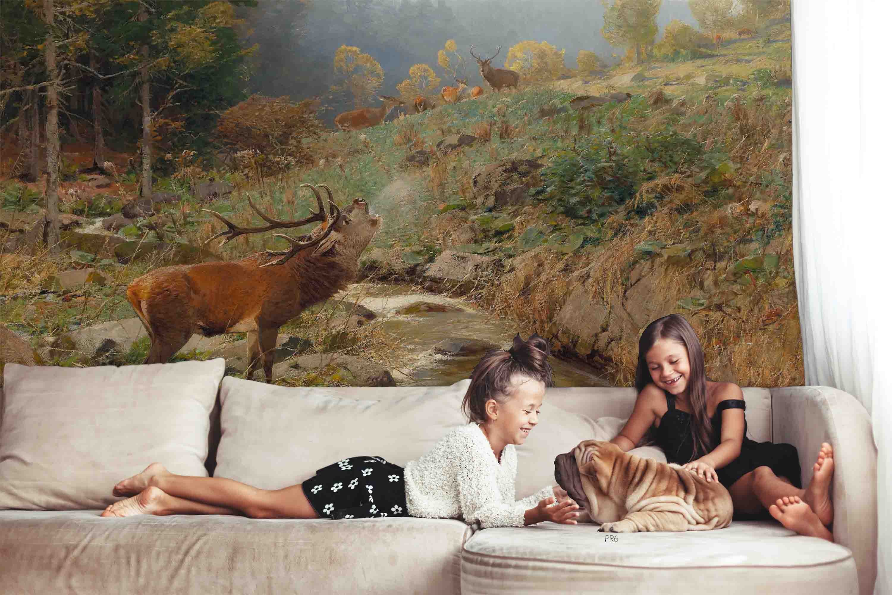 3D Animal Forest Wapiti River Stone Tree Wall Mural Wallpaper YXL 3- Jess Art Decoration