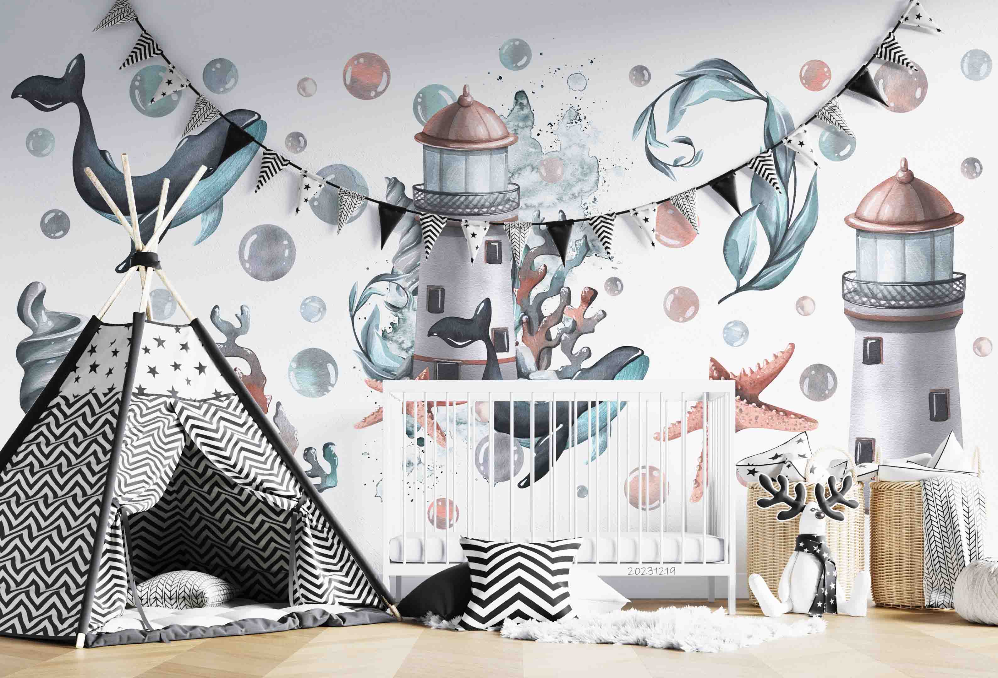 3D Animal Starfish Coral Whale Sea Tower Bubble Wall Mural Wallpaper YXL 20