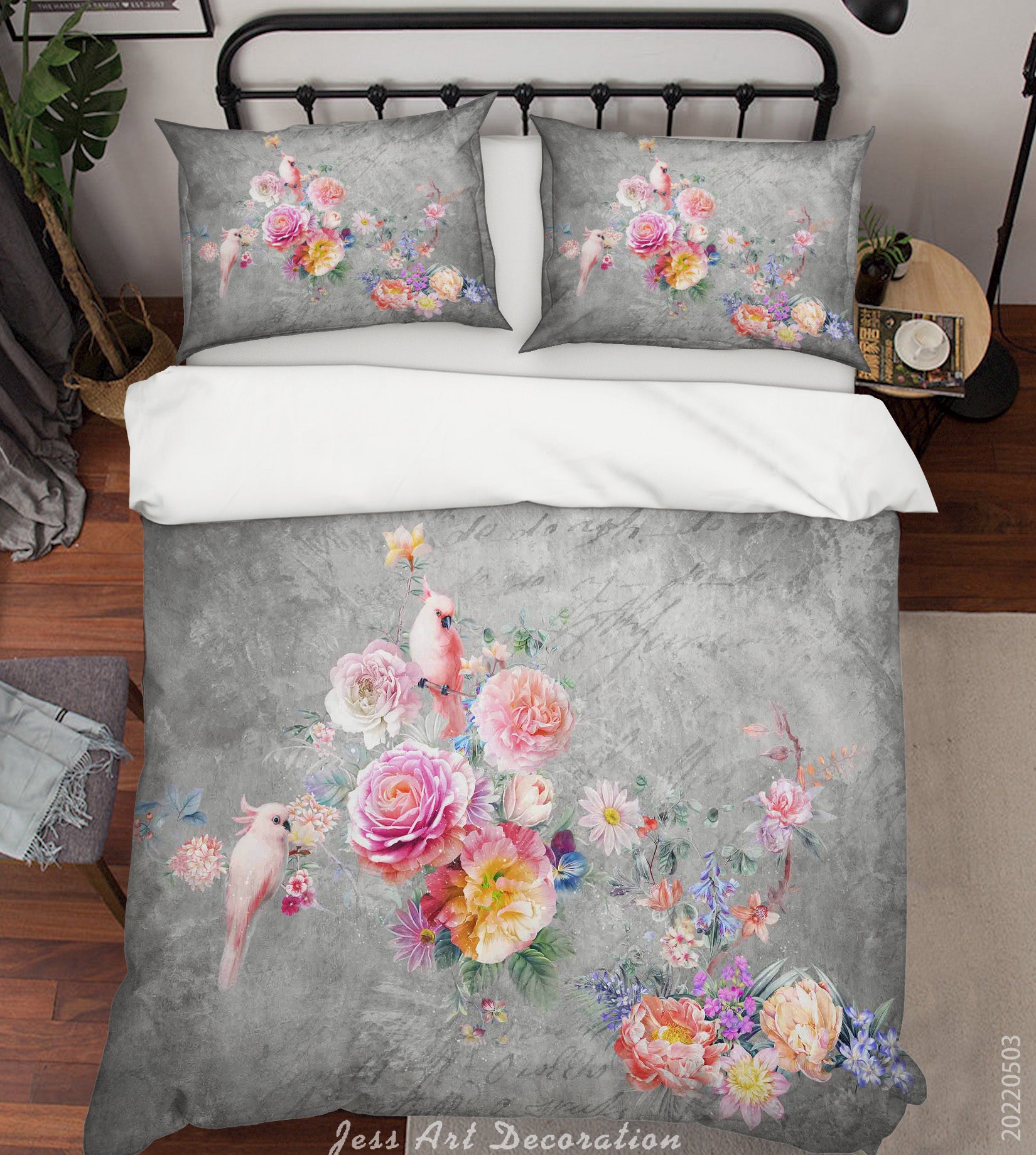 3D Floral Bird Rose Gray Quilt Cover Set Bedding Set Duvet Cover Pillowcase 617