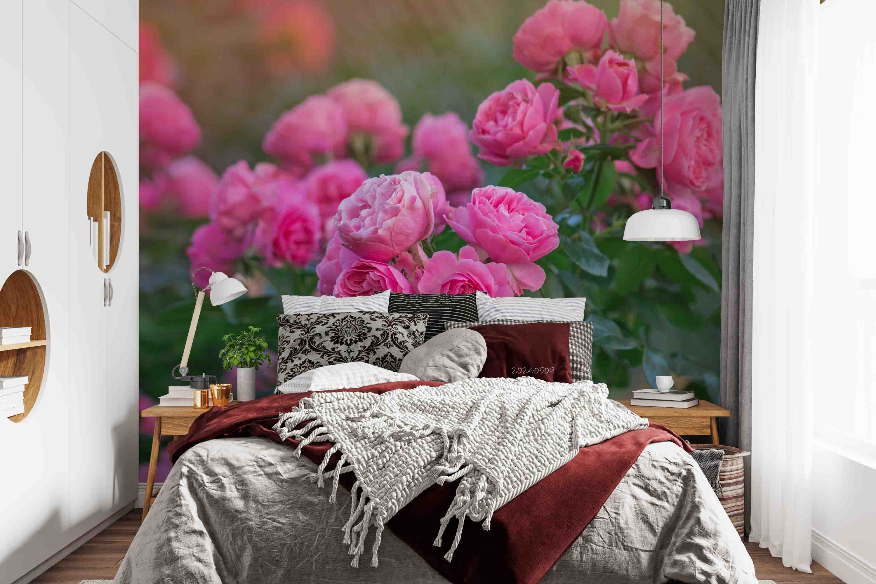 3D Pink Rose Flower Green Leaves Plant Wallpaper Wall Mural Wall Decor Wall Art Wall Sticker Remoable Wallpaper