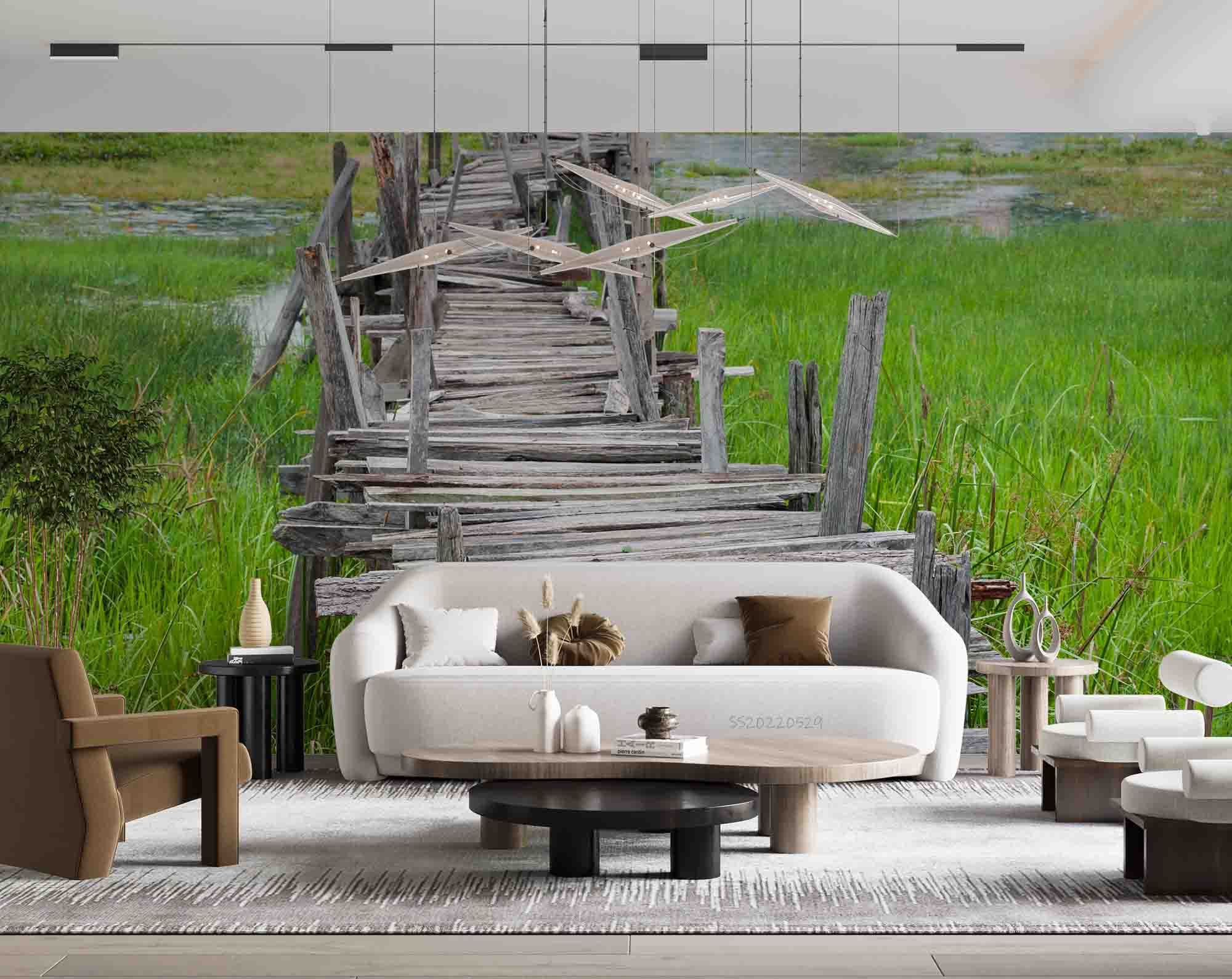 3D Old Wooden Long Bridge Lake Green Grass Wall Mural Wallpaper GD 4304- Jess Art Decoration