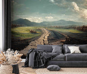 3D Dilapidated Road Holes and Cracks Green Fields Mountains Horizon Wall Mural Wallpaper GD 3053- Jess Art Decoration