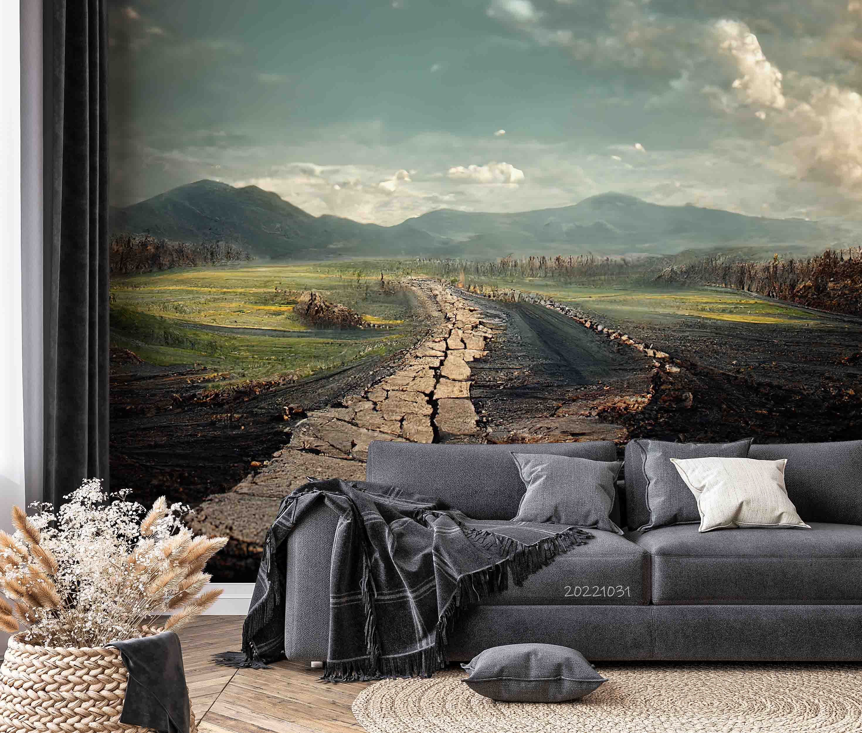 3D Dilapidated Road Holes and Cracks Green Fields Mountains Horizon Wall Mural Wallpaper GD 3053- Jess Art Decoration