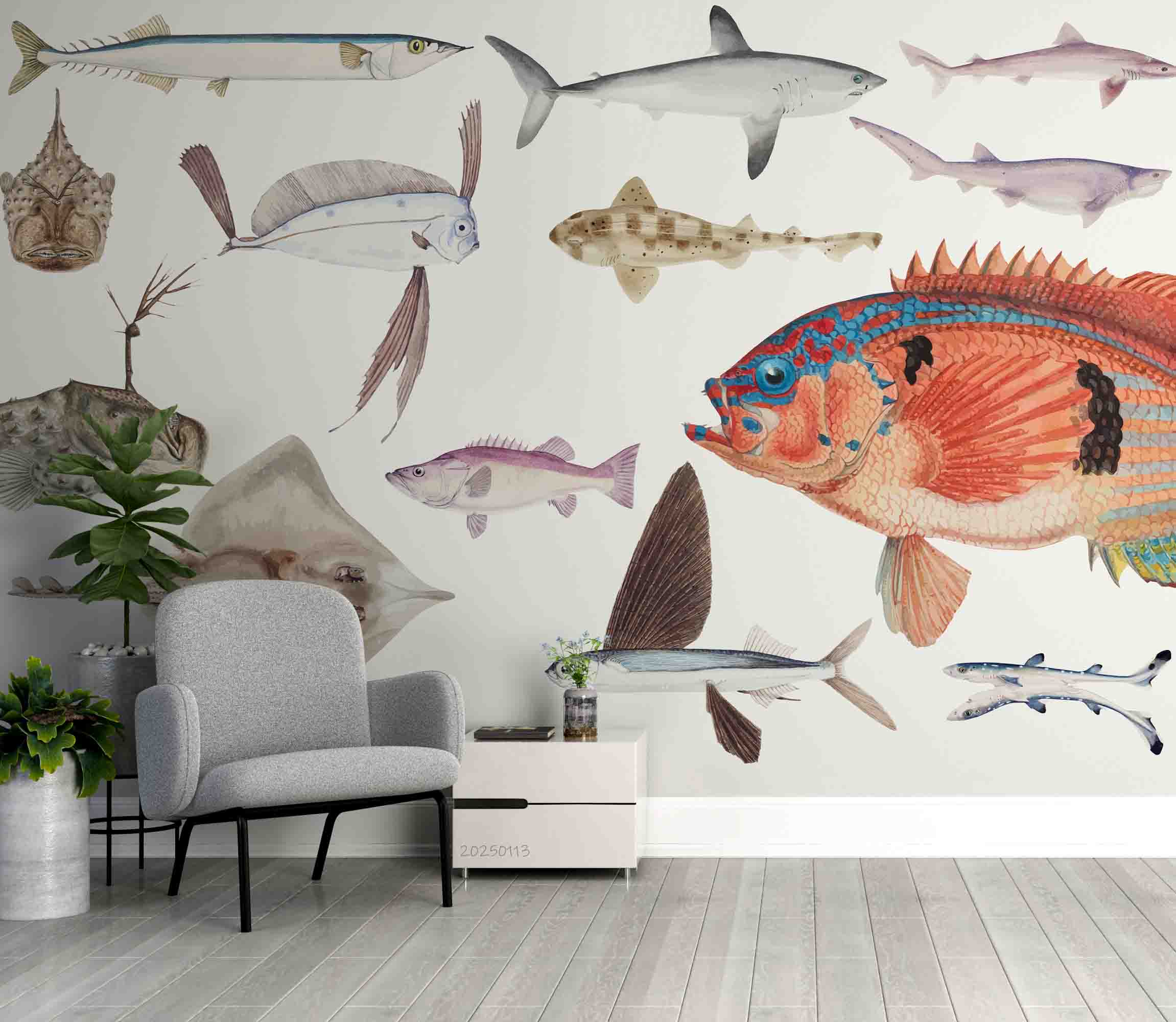 3D Hand Drawn Ocean Creature Fish Wallpaper Wall Mural Wall Decor Wall Art Wall Sticker Remoable Wallpaper LQH 10