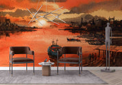 3D Oil Painting Ship Sea House Sunrise Cloud Wall Mural Wallpaper YXL 156