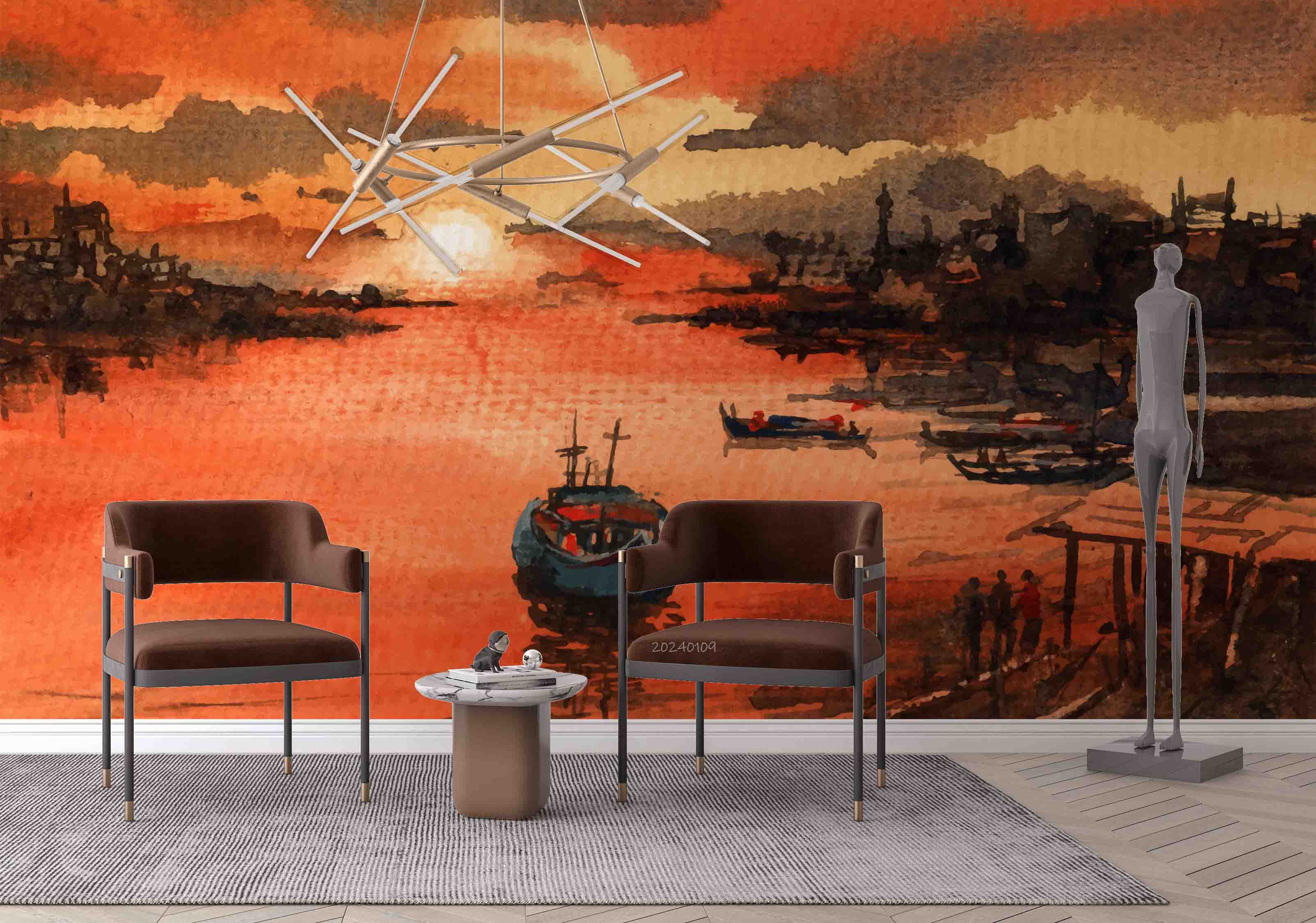 3D Oil Painting Ship Sea House Sunrise Cloud Wall Mural Wallpaper YXL 156