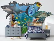 3D Animal Shark Fish Sea Turtle Coral Wall Mural Wallpaper YXL 18- Jess Art Decoration