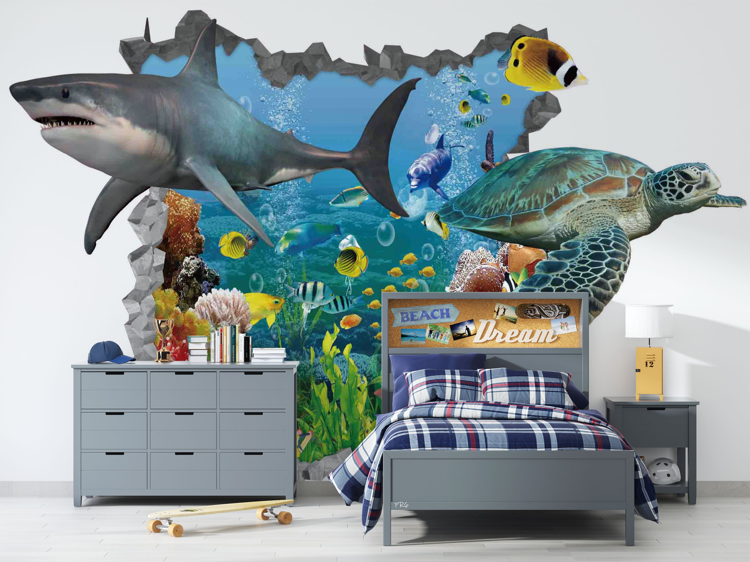 3D Animal Shark Fish Sea Turtle Coral Wall Mural Wallpaper YXL 18- Jess Art Decoration