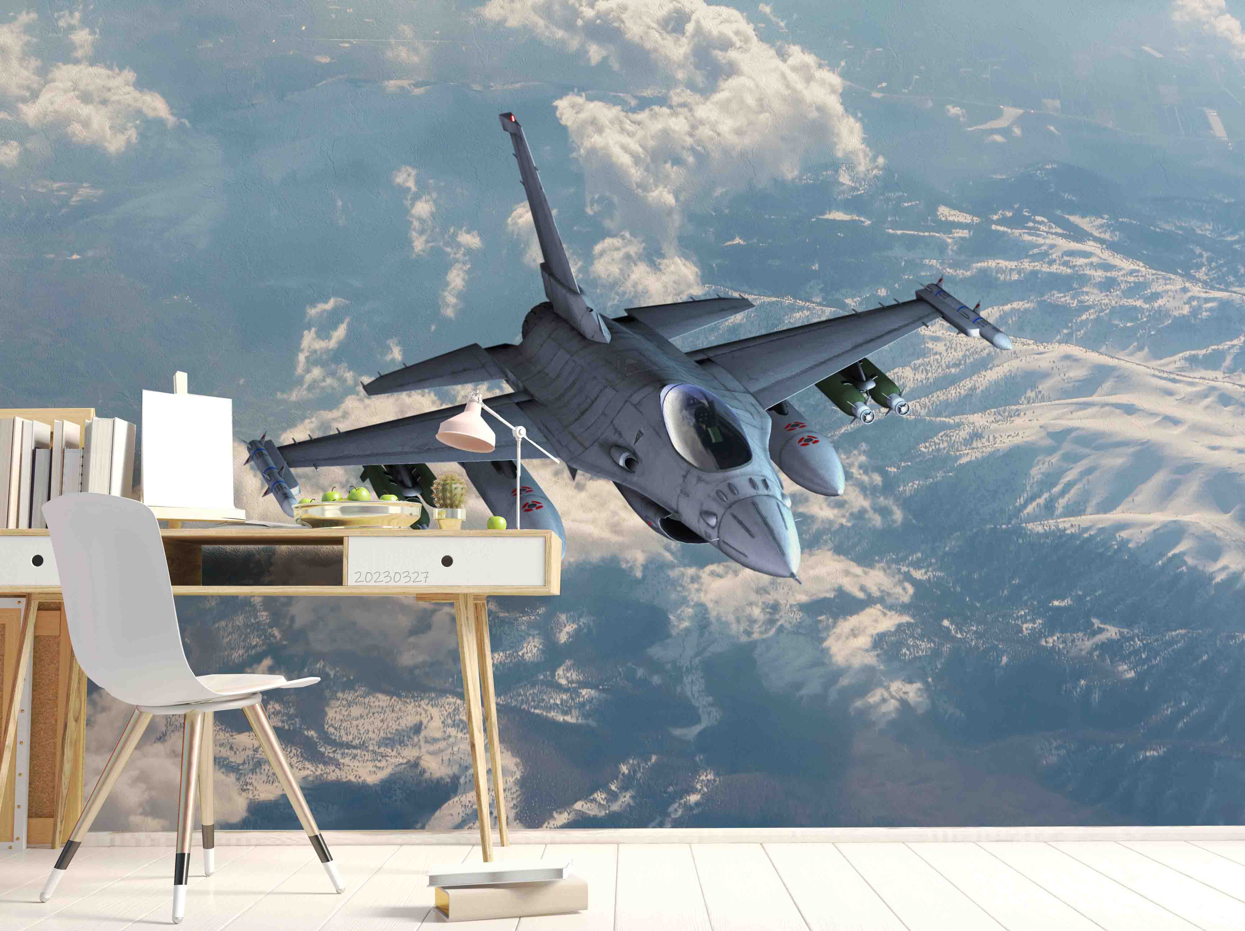 3D Royal Air Force F16 Fighter Mountain Landscape Clouds Wall Mural Wallpaper GD 5377- Jess Art Decoration