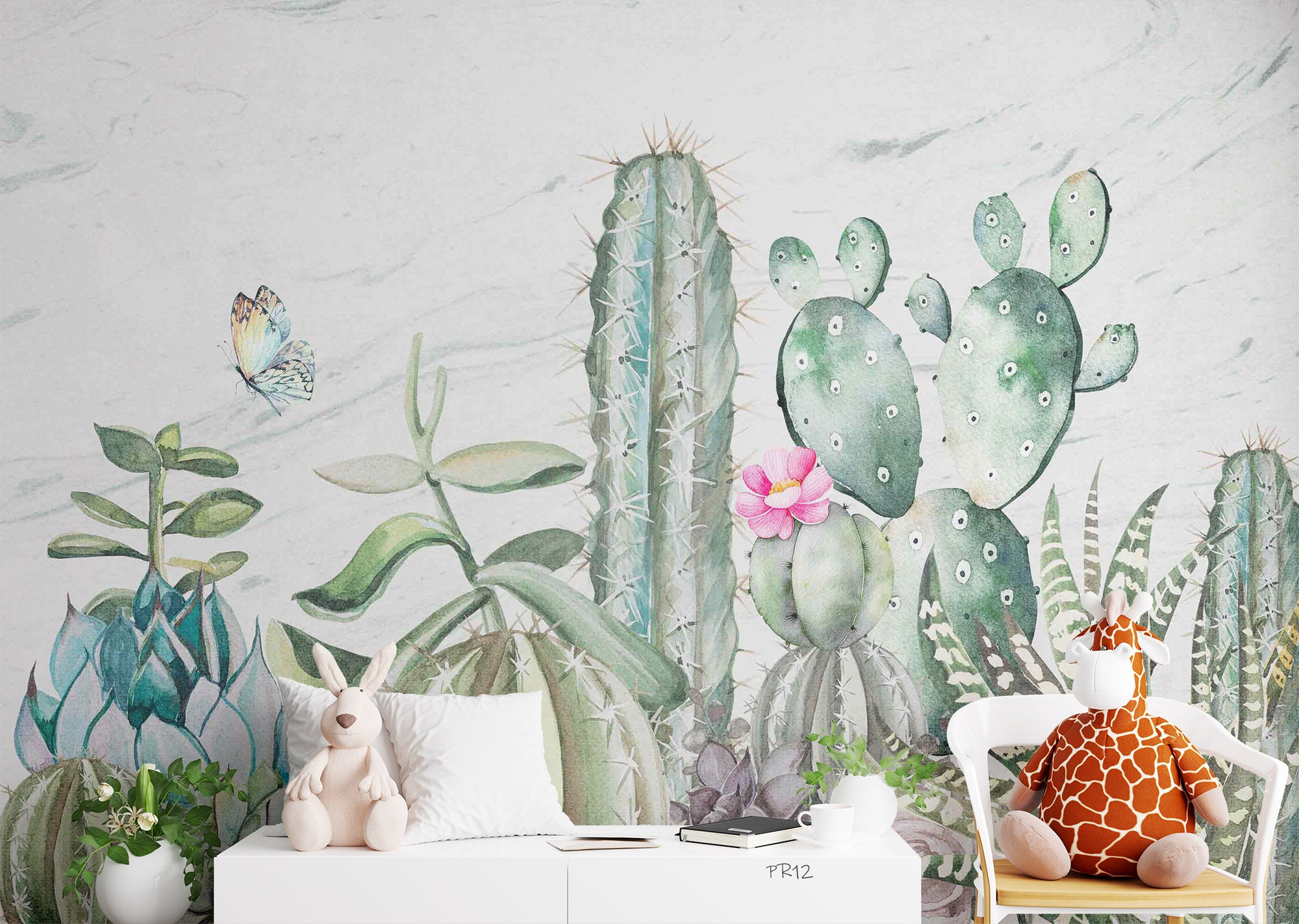 3D Watercolor Cactus Floral Butterfly Wall Mural Wallpaper GD 4962- Jess Art Decoration
