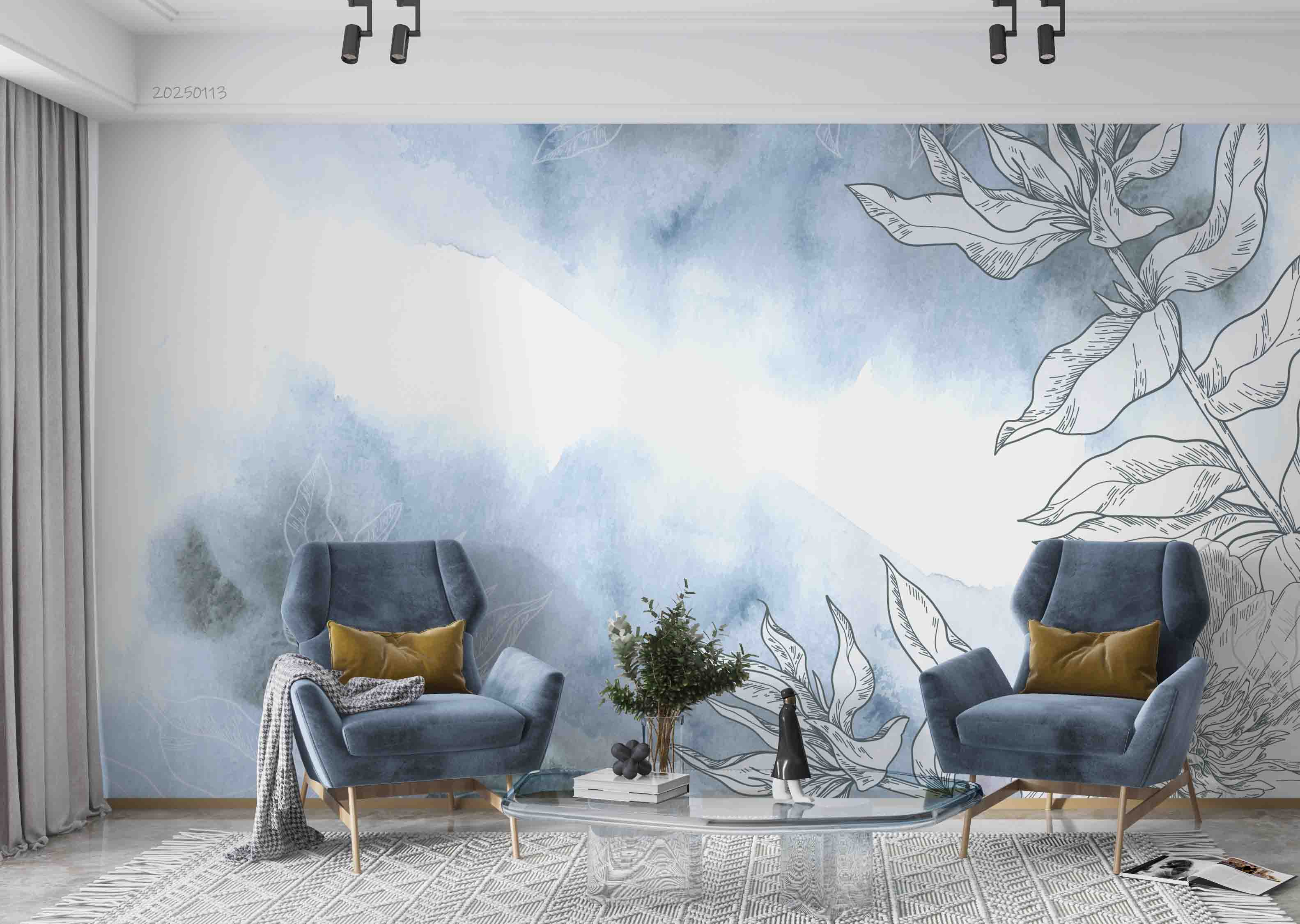 3D Watercolor Blue Floral Leaf Pattern Wallpaper Wall Mural Wall Decor Wall Art Wall Sticker Remoable Wallpaper LQH 7