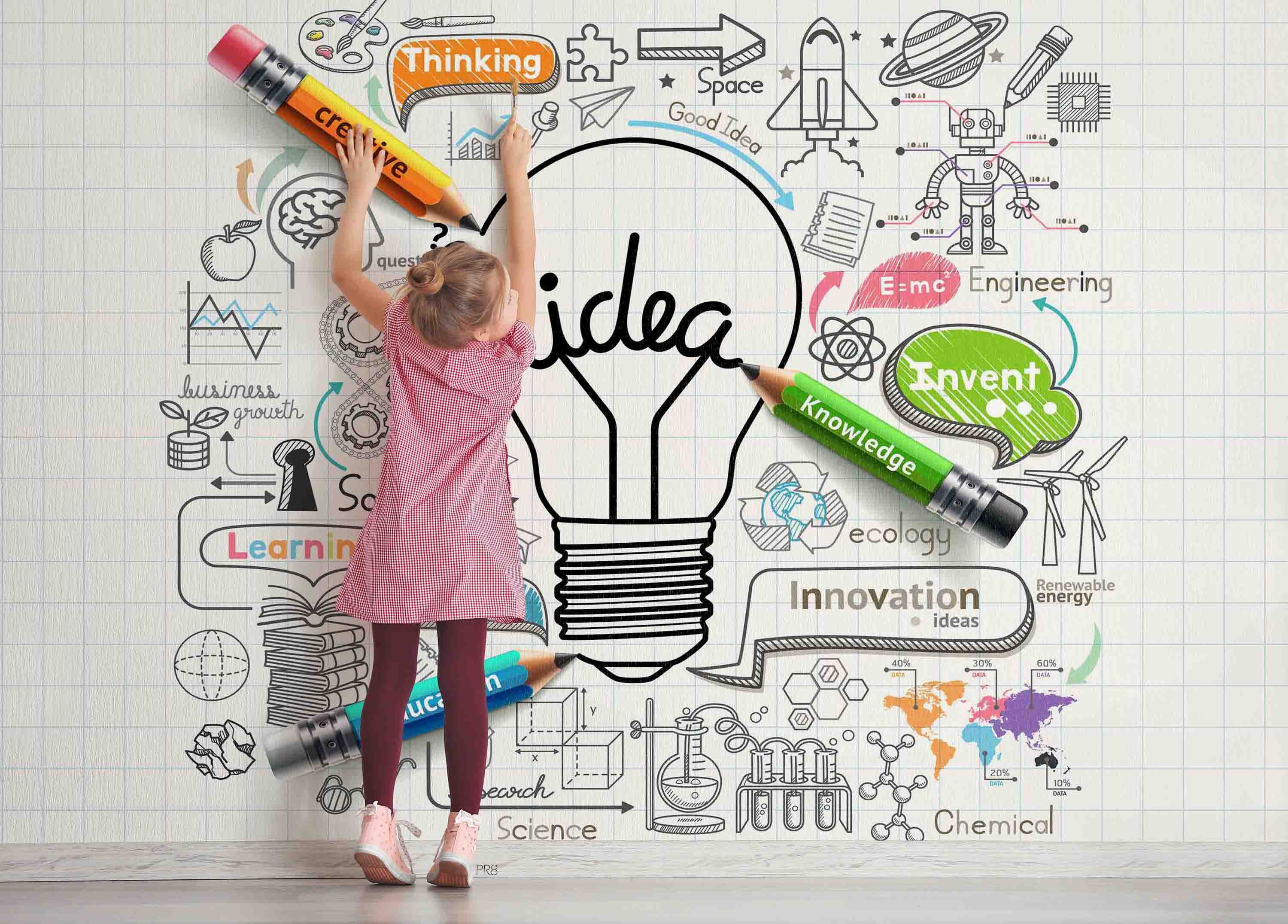 3D Light Bulb Idea Concept Doodle Icon Set Wall Mural Wallpaper GD 4536- Jess Art Decoration