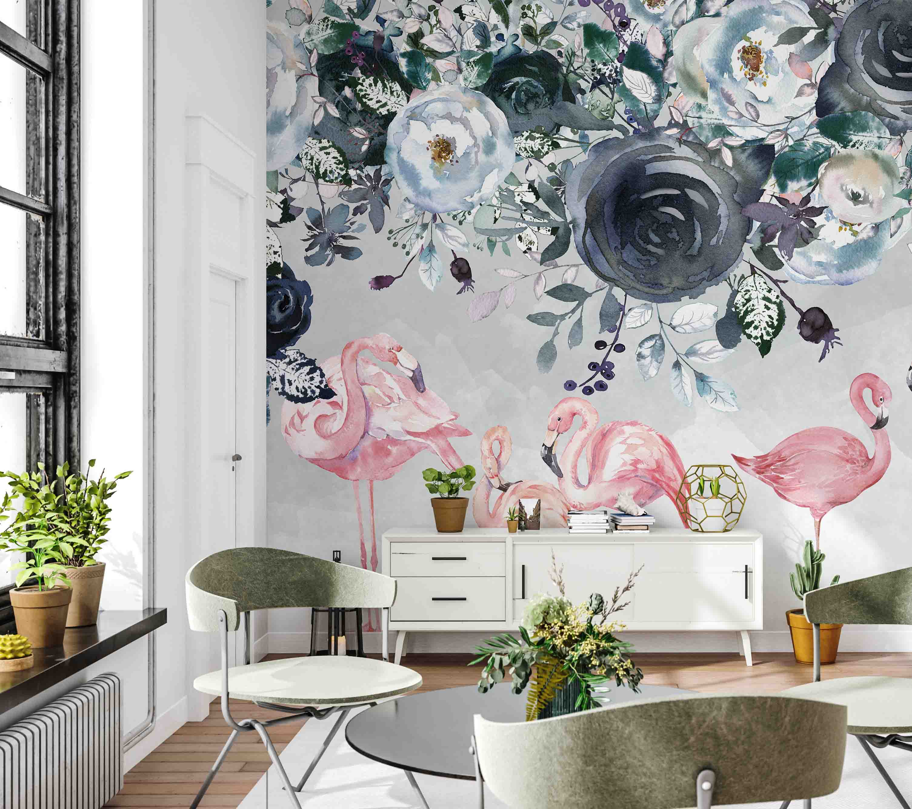 3D Black Rose Pink Flamingo Wall Mural Wallpaper 423