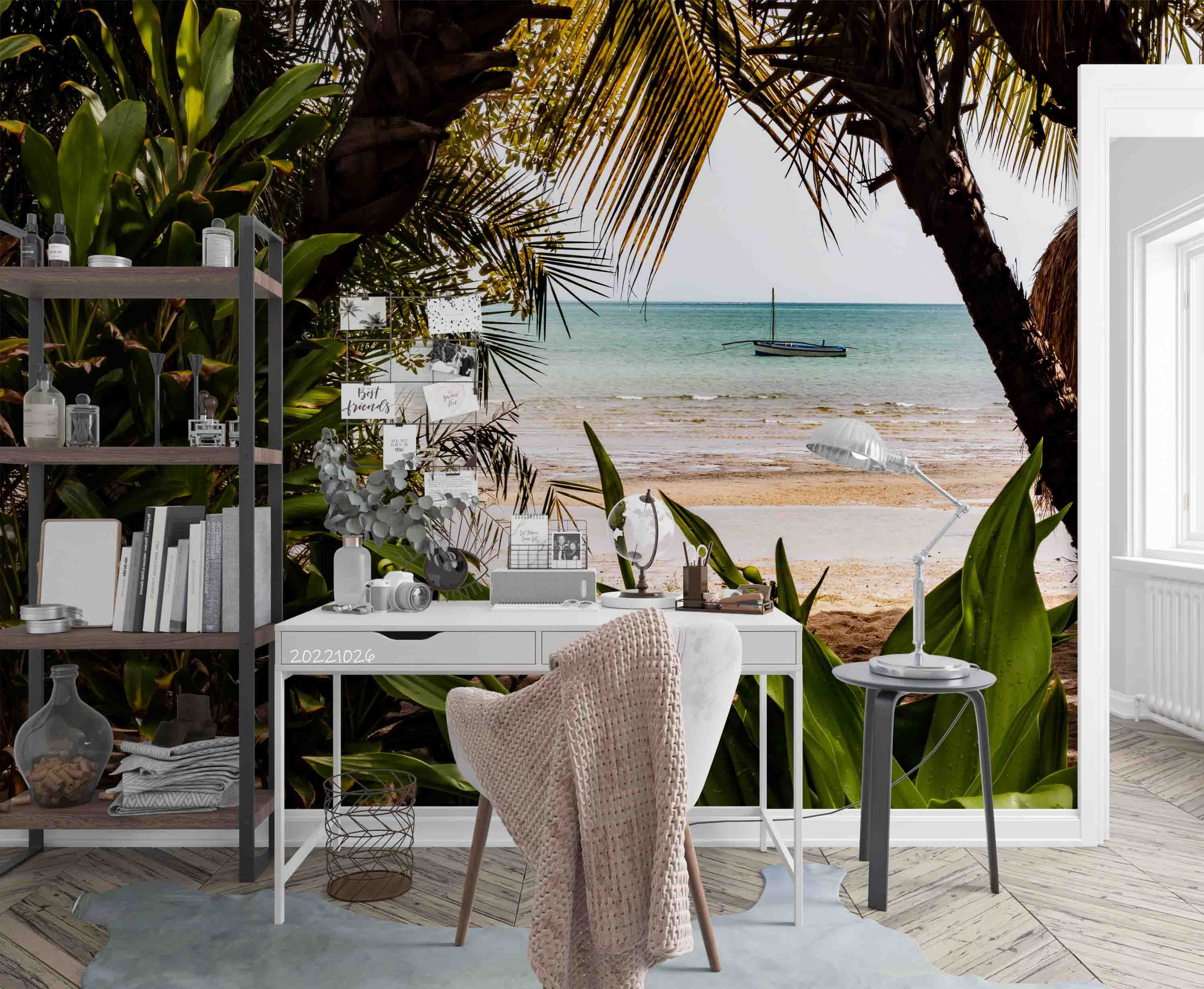 3D Tropical Beach Sea Waves Boat Coconut Trees Wall Mural Wallpaper GD 3179- Jess Art Decoration