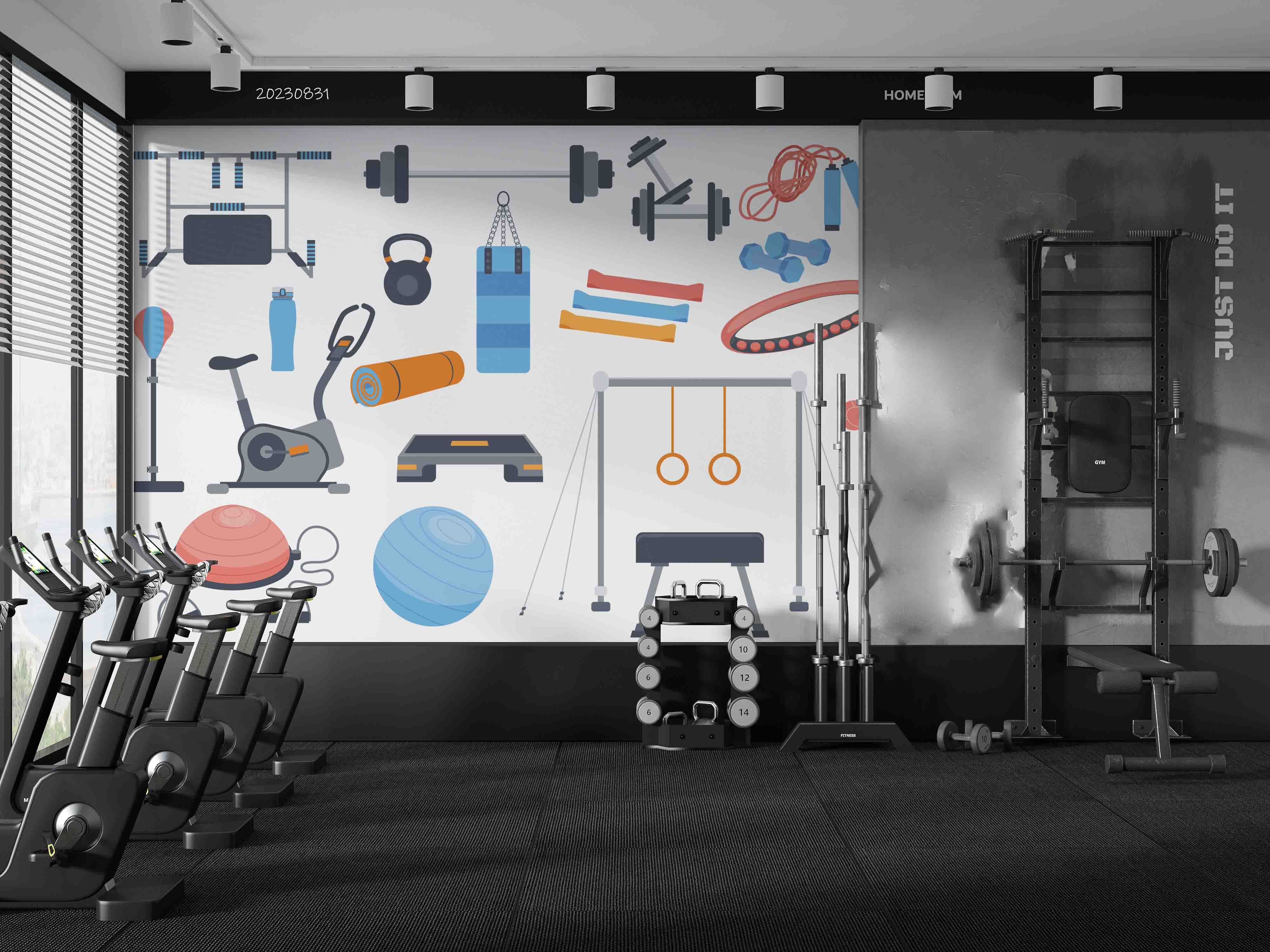 3D Fitness Equipment Dumbbell Fitness Ball Bike Wall Mural Wallpaper YXL 2403