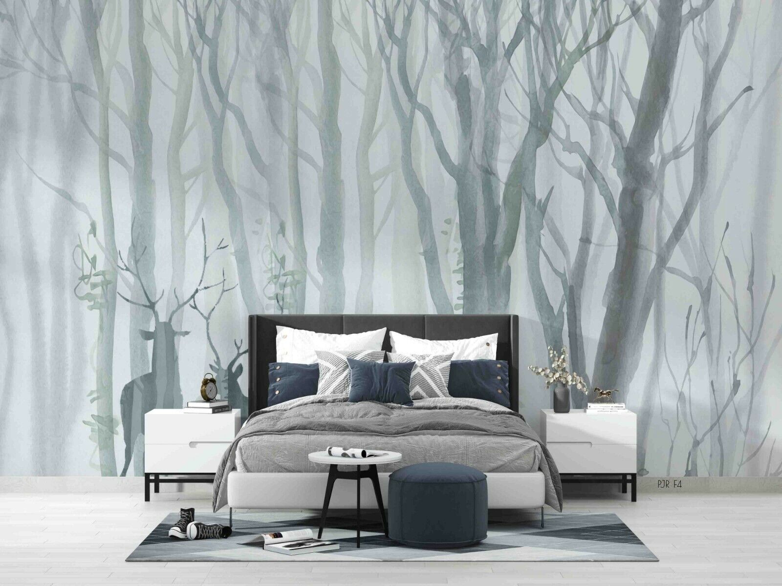 3D Forest Tree Trunk Fog Deer Gray Wall Mural Wallpaper YXL 844