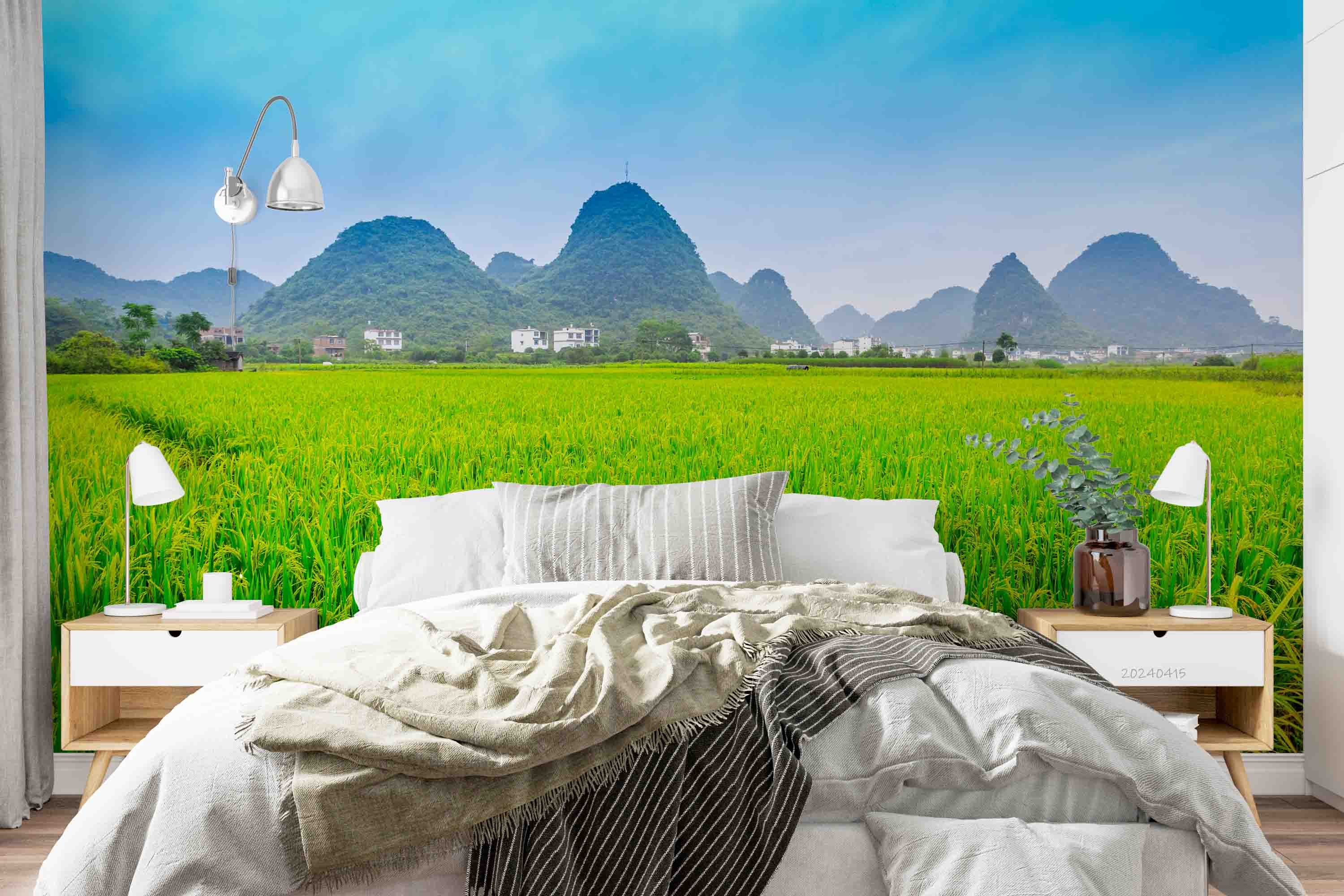 3D Watercolor Mountains Wheat Field Rice Green Wallpaper Wall Mural Wall Decor Wall Art Wall Sticker Remoable Wallpaper