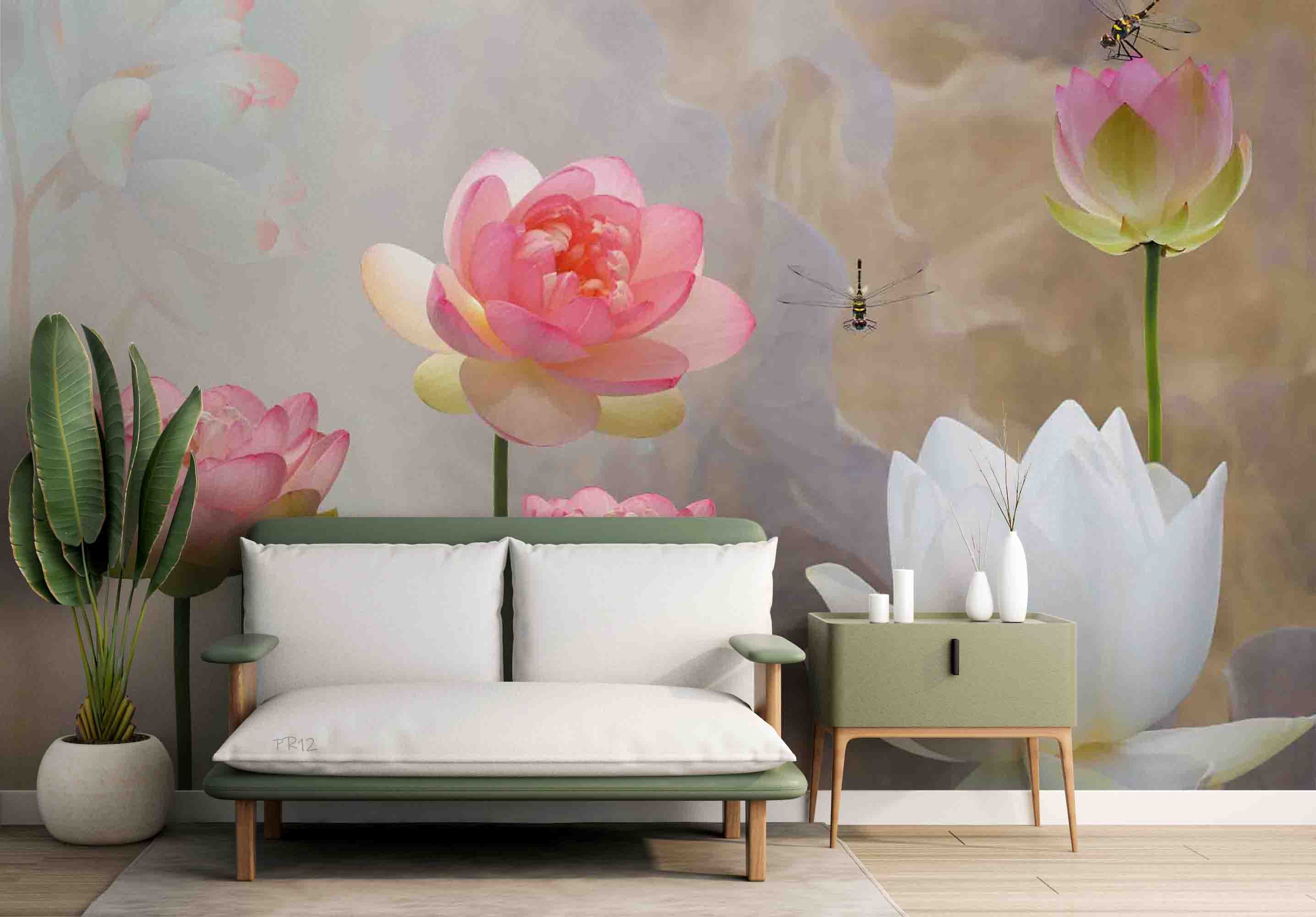 3D Vintage Pink White Lotus Dragonfly Wall Mural Wallpaper GD 4974- Jess Art Decoration