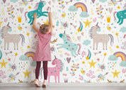 3D Cartoon Unicorn Cloud Rain Star Bird Wall Mural Wallpaper GD 4715- Jess Art Decoration