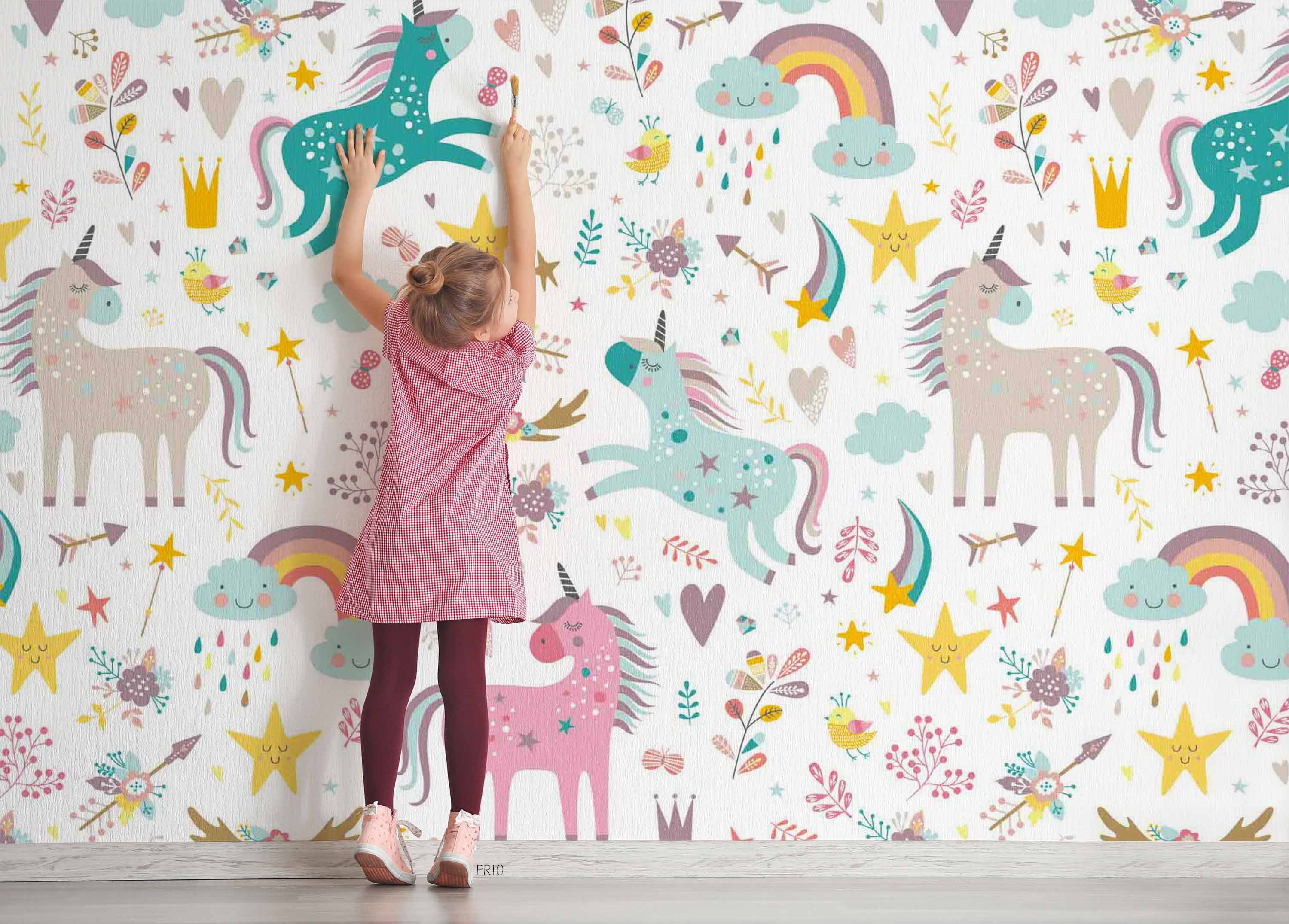 3D Cartoon Unicorn Cloud Rain Star Bird Wall Mural Wallpaper GD 4715- Jess Art Decoration
