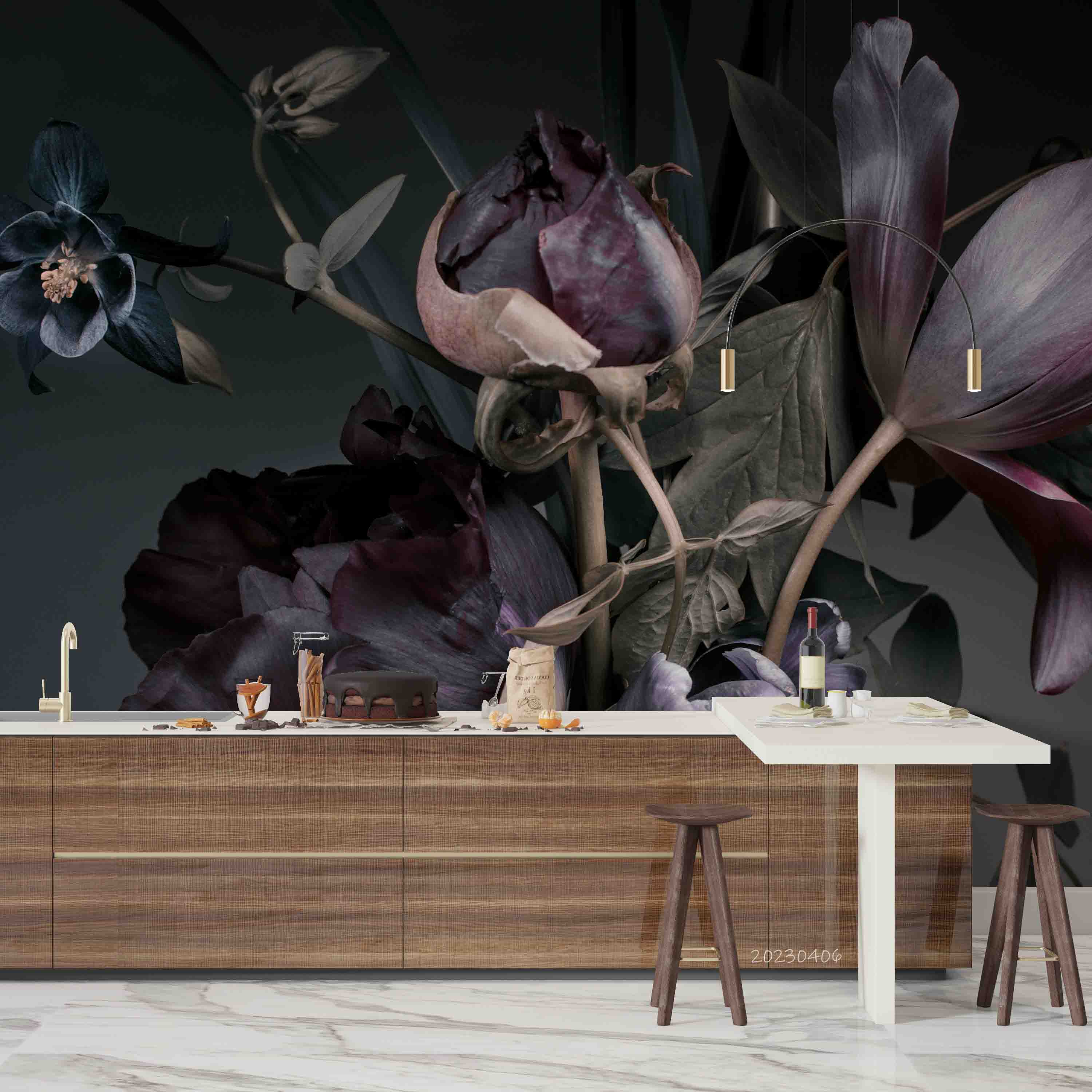 3D Peony Tulip Bouquet Dark Background Wall Mural Wallpaper GD 5626- Jess Art Decoration