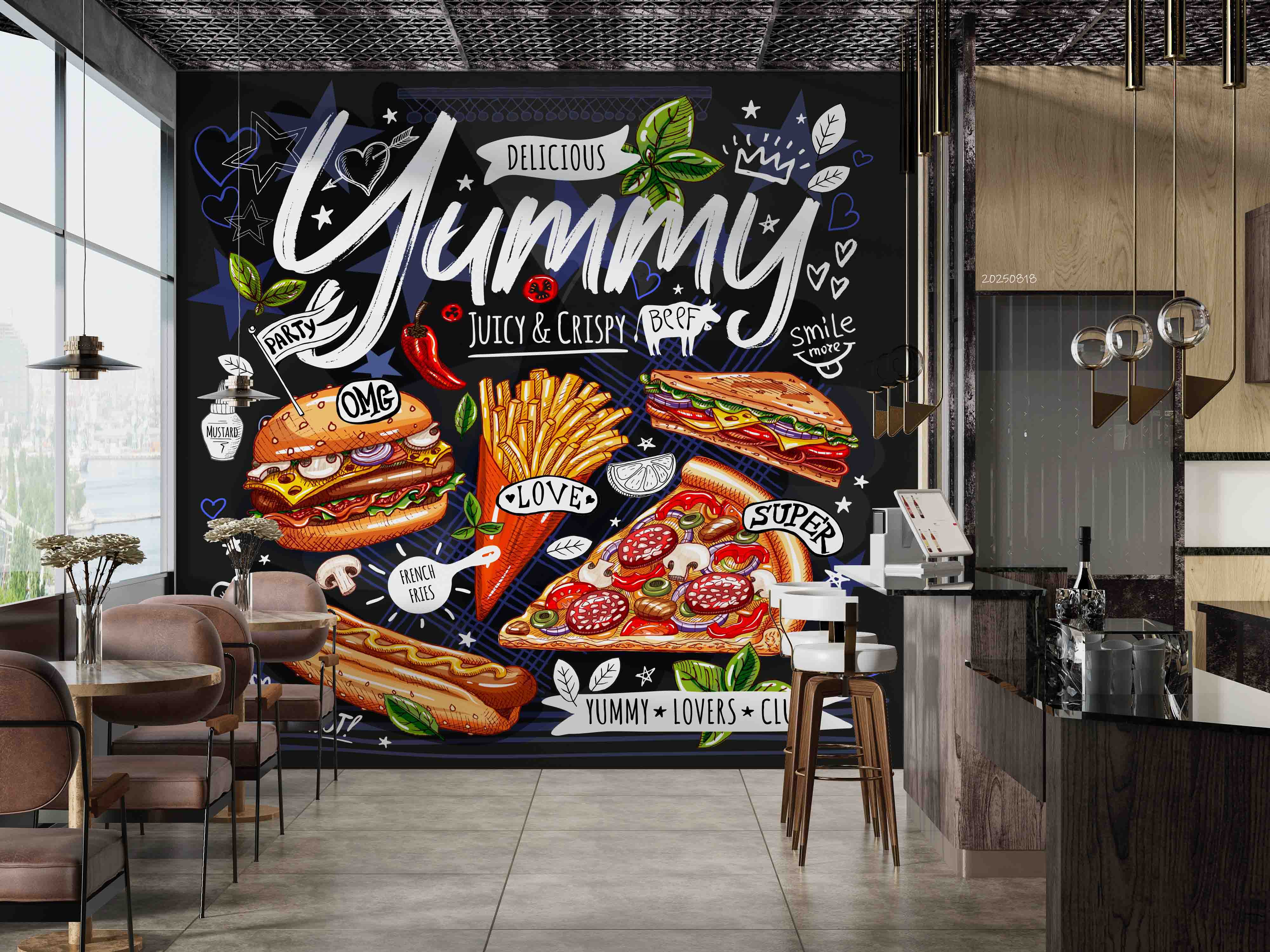 3D Restaurant Snack Bar Diner Fast Food Hamburger Chips Pizza Wall Mural Wallpaper 8