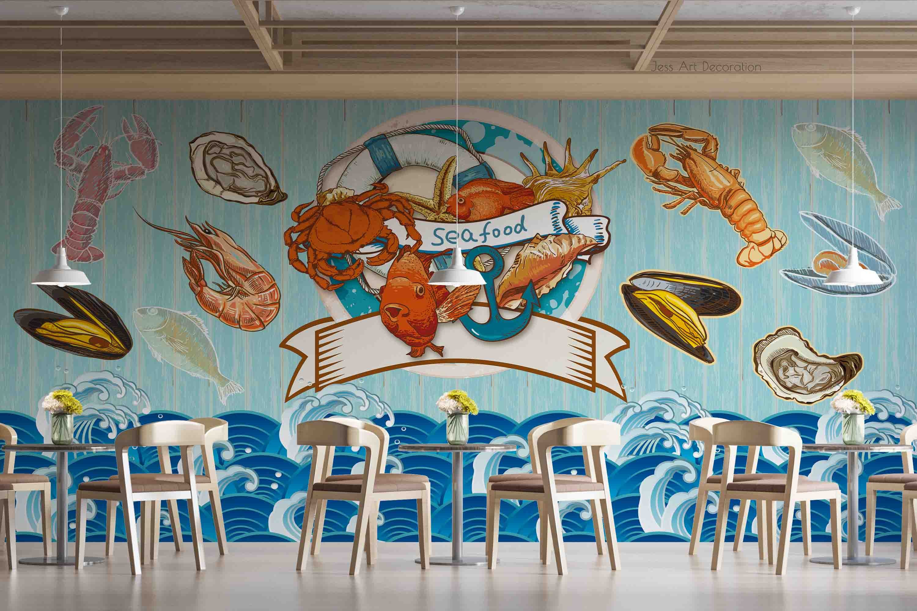 3D Animal Sea World Ocean Blue Fish Prawn Wall Mural Wallpaper YXL 18- Jess Art Decoration