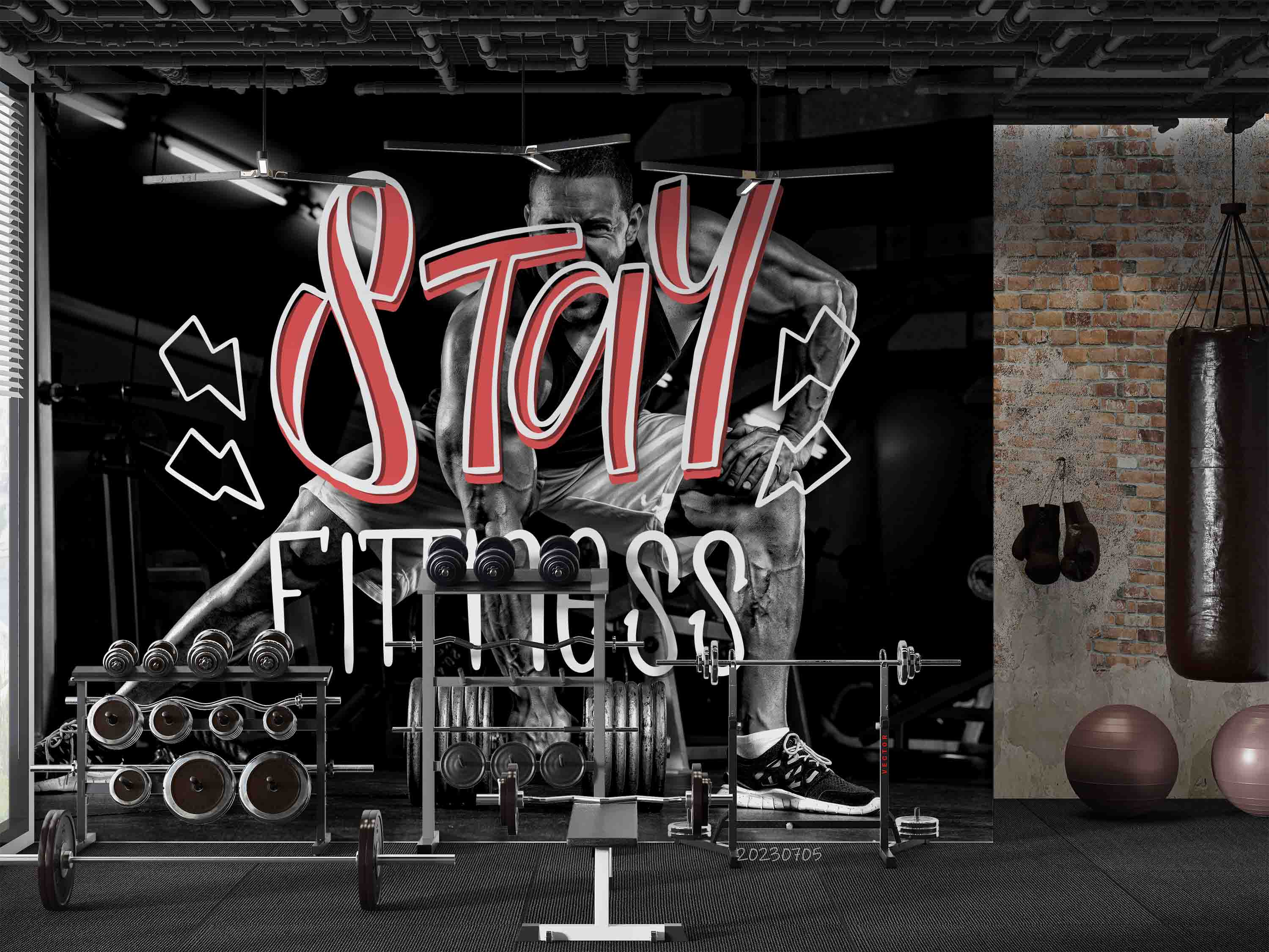 3D Fitness Person Letter Dumbbell Wall Mural Wallpaper YXL 1725