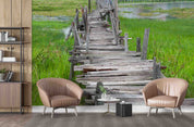3D Old Wooden Long Bridge Lake Green Grass Wall Mural Wallpaper GD 4304- Jess Art Decoration