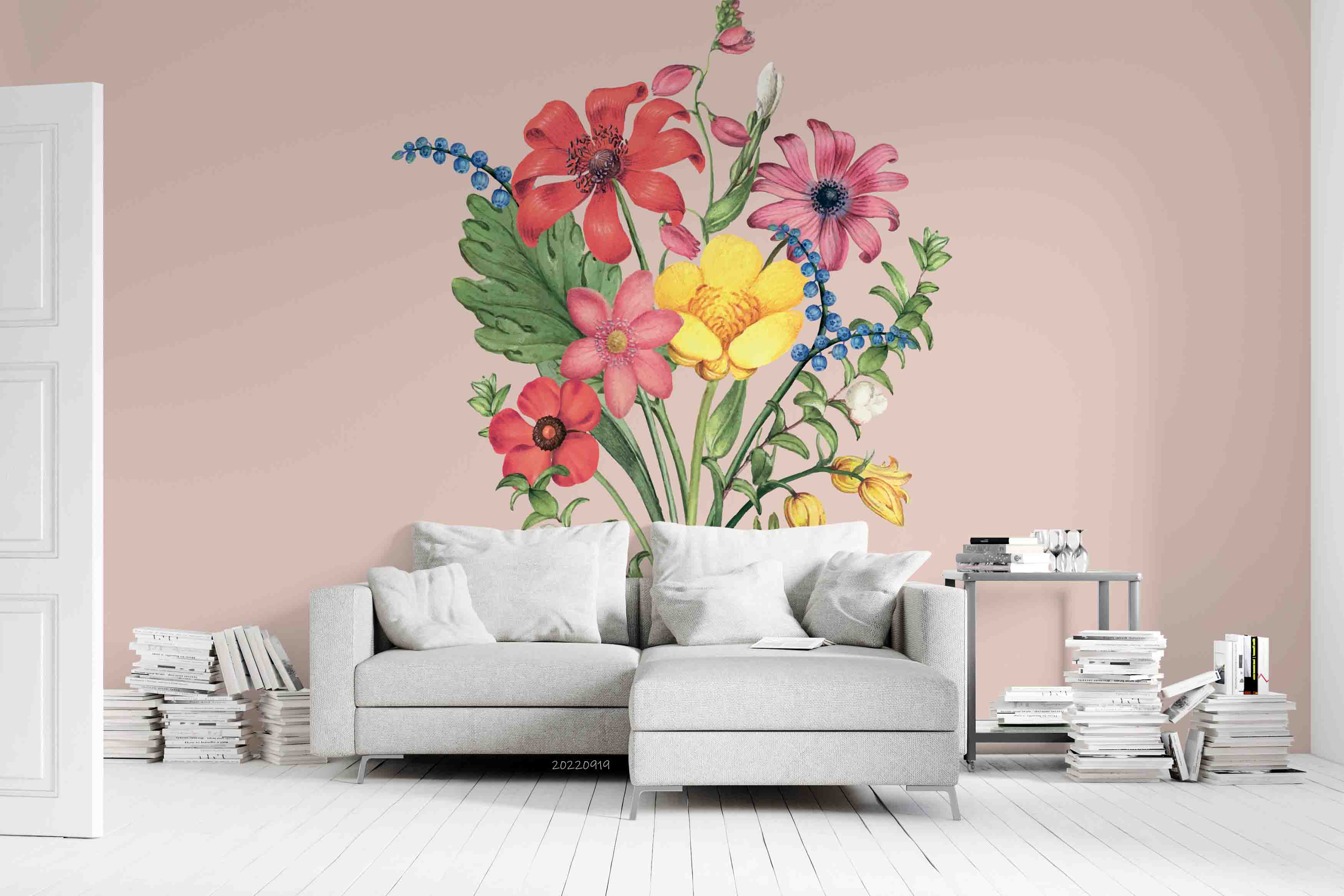 3D Red Daisy Bouquet Pink Background Wall Mural Wallpaper GD 3431- Jess Art Decoration