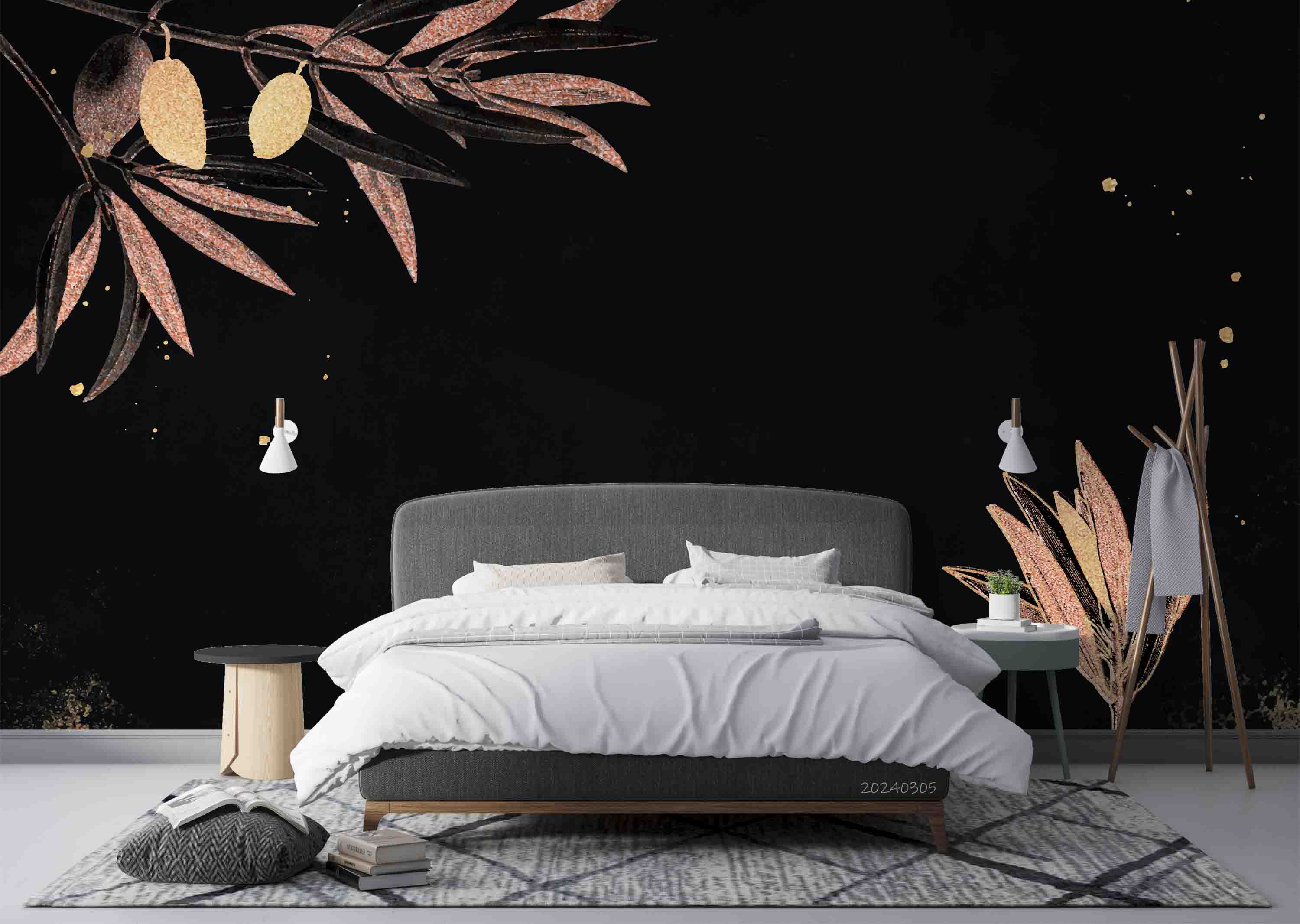 3D Leaves Texture Dark Background Wallpaper Wall Mural Wall Decor Wall Art Wall Sticker Remoable Wallpaper
